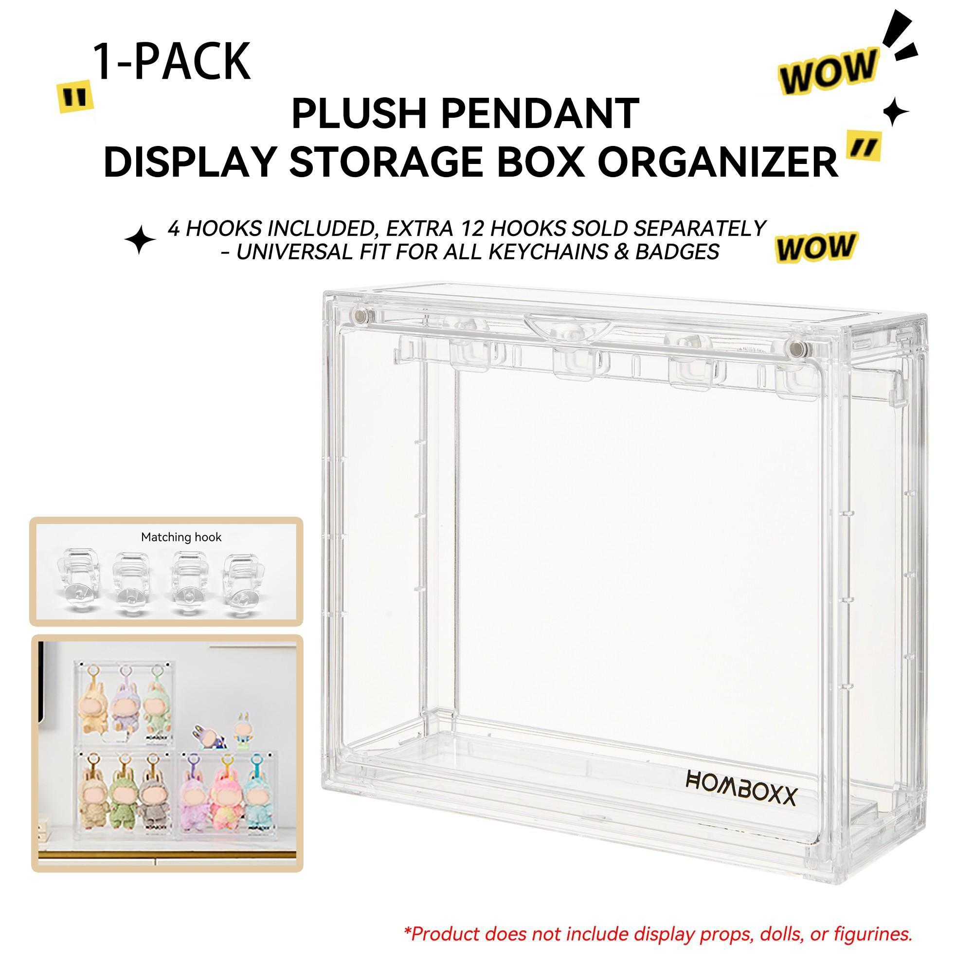 Plush Hanging Display Storage Box Set with 4 Transparent Hooks, Dustproof Moisture-Proof, Stackable, Space Saving Organizer, Dustproof Organizer Boxes, Suitable for Pop Mart Collectibles, Keychain Display, Durable Storage