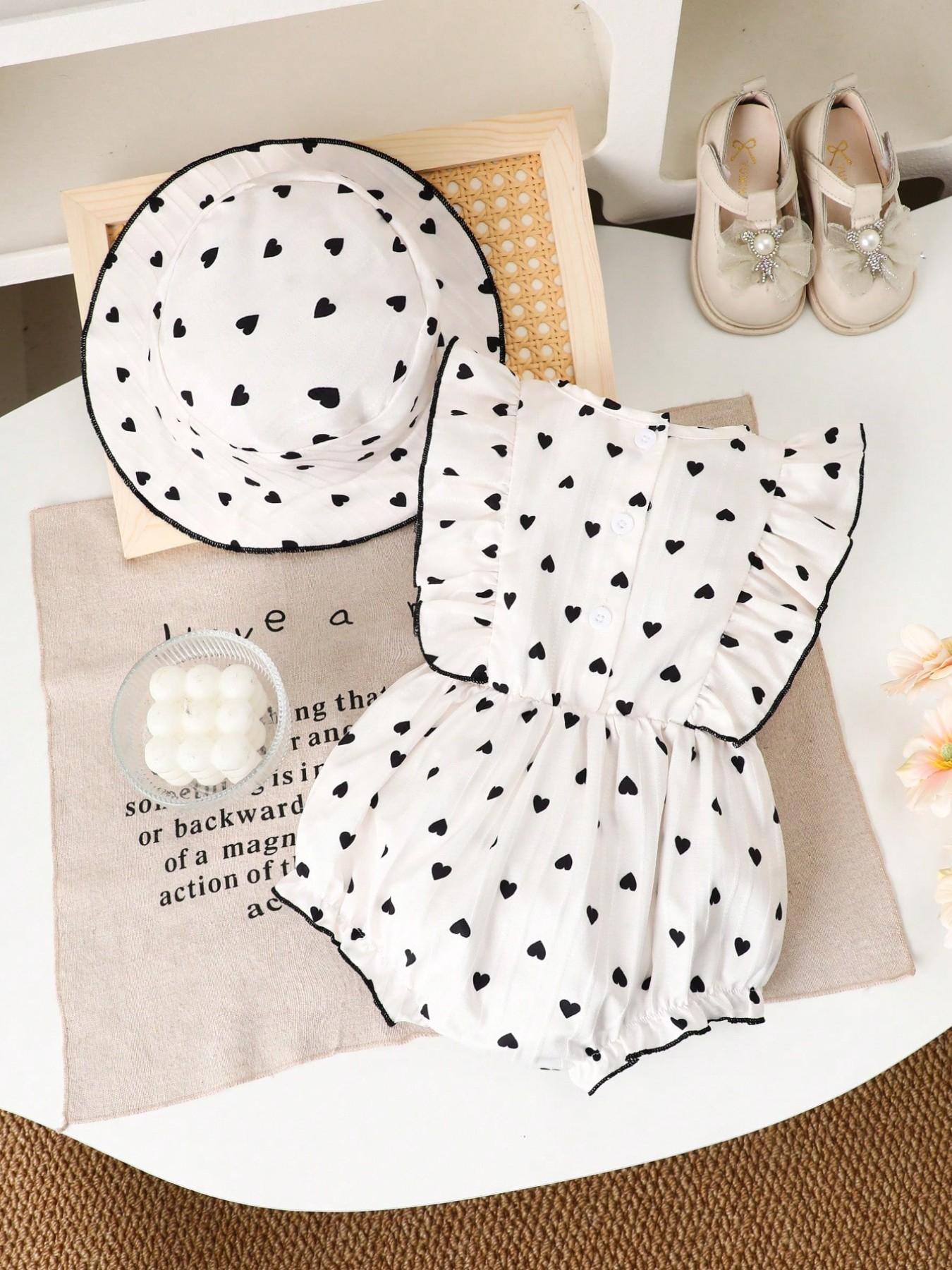 Baby Girl Summer Sleeveless Jumpsuit with Hat, Heart Print, Cute Round Neck Ruffle, Perfect for Outdoor, Festival, Daily Wear