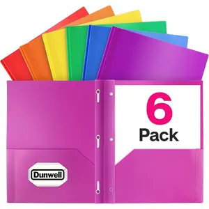 Dunwell Plastic 2 Pocket Folders with 3 Prongs, (6 Pack, Assorted Colors), 3-Clasp Folders with Fasteners, Tear-Resistant, Long Lasting Acid-Free Poly, Includes Labels