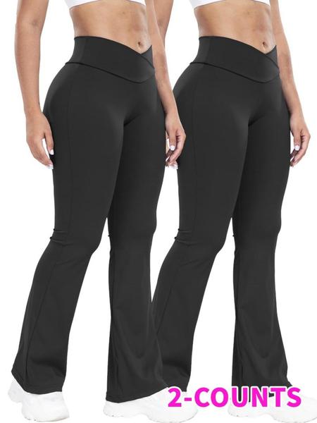 Women's Solid High Waist Flare Leg Sports Leggings, Breathable Comfortable Overlap Waist Yoga Leggings, Ladies Sportswear for Indoor Outdoor Wear, Skinny Yoga Bottoms