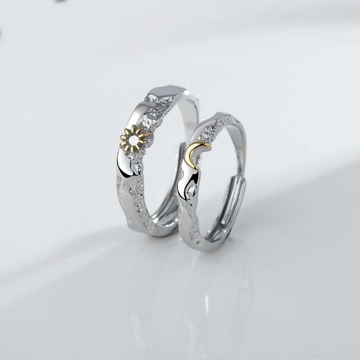 Romantic Silver Sun and Moon Couple Stacking Ring Set, 1-Pair Open Adjustable Daily Index Finger Rings
