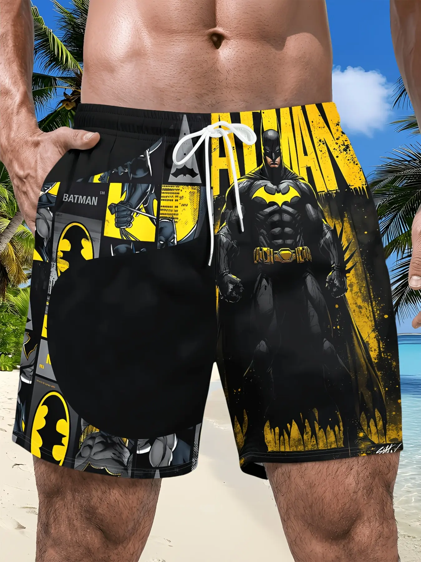 Men's Batman Print Beach Shorts, Warner Bros Licensed, Base with Bat Signals, Comic Collage, High Contrast, Bold Heroic Impact