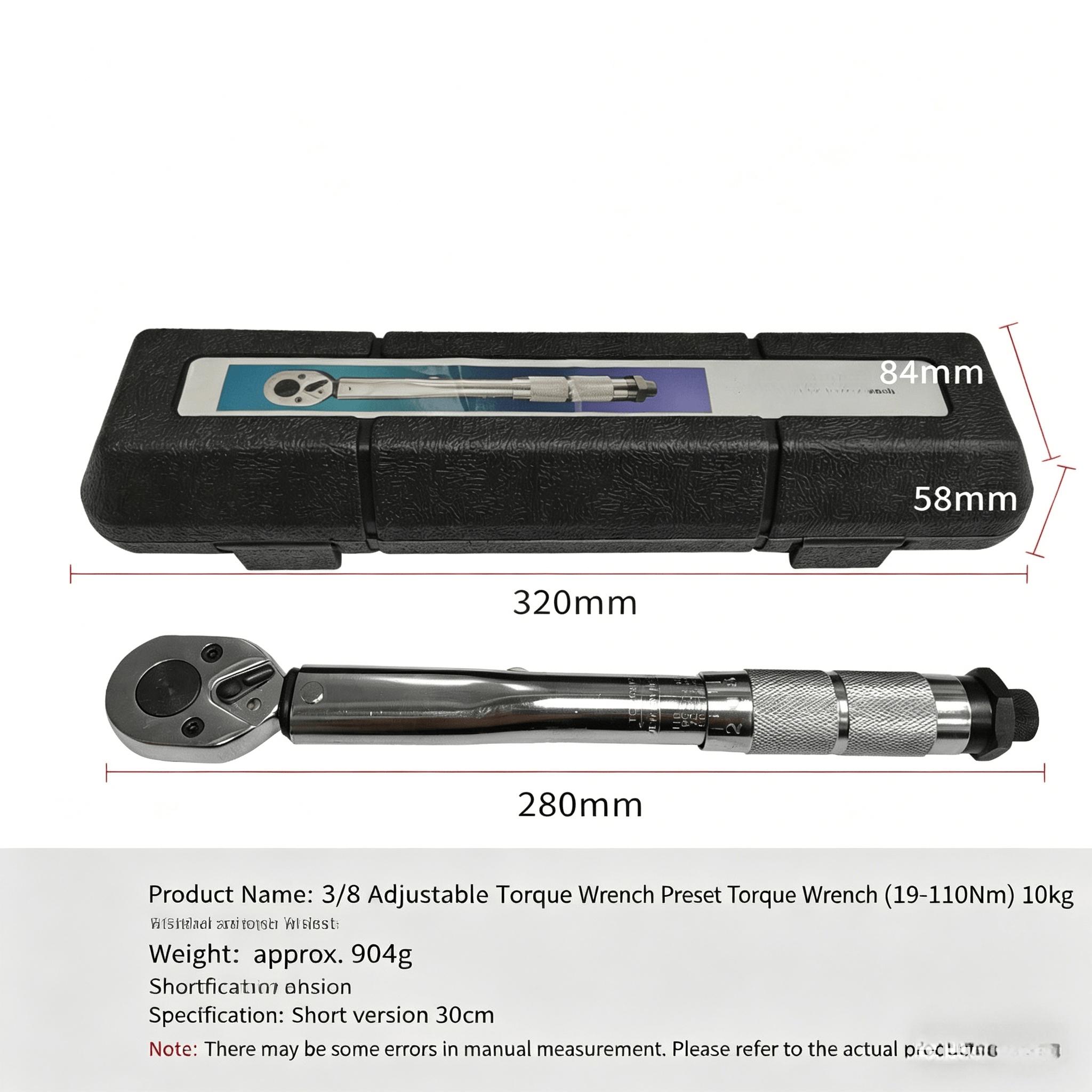 Torque Wrench 3/8" Drive Click Square Ratchet, 19-110nm Adjustable Hand Spanner, High Torque Range, Quick Adjustment, Metal Material