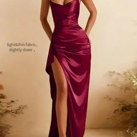 Women's Sleeveless Ruched Slit Long Evening Gown, Satin A-Line Wedding Dress, Elegant Formal Wear, Party Evening Wear, Perfect for Special Occasions, Homecoming Dress