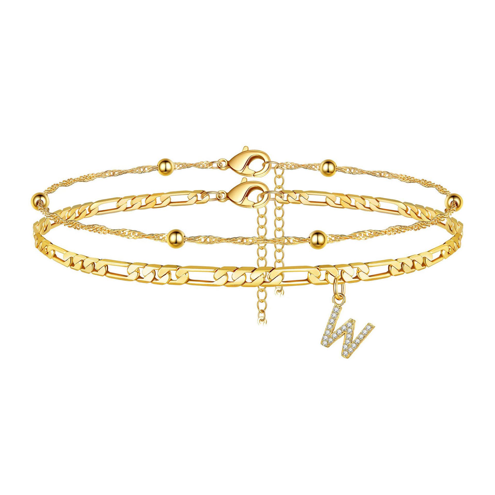 Trending 26-letter micro-inlaid zircon anklet with double-layer Cuban chain and layered beach ankle chain – fashionable and unique foot accessory
