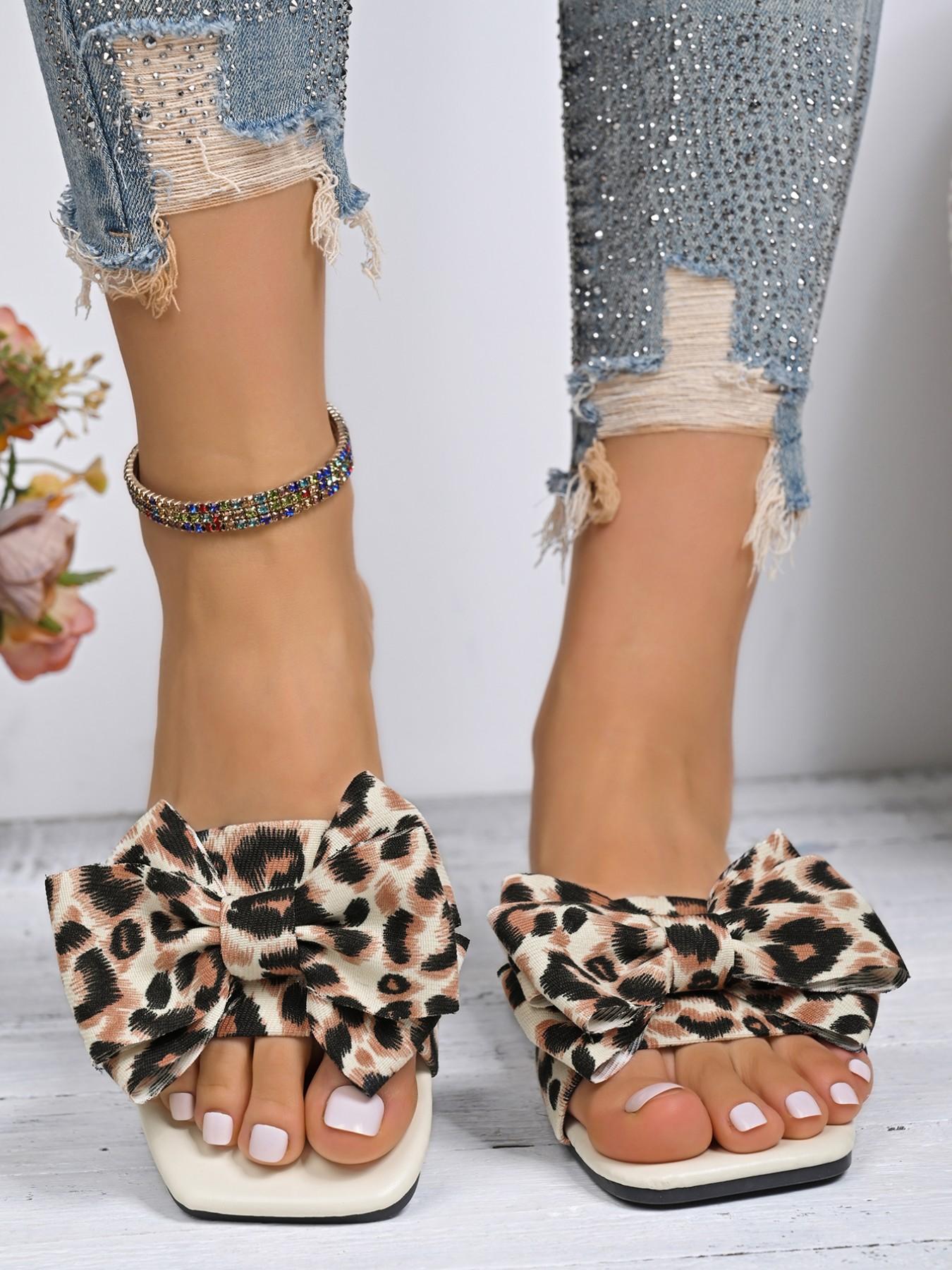 Leopard Print Bow Square Toe Sandals for Women, Summer Open-Toe Slippers, Versatile Fashion Flip Flops, Comfortable Outdoor Wear