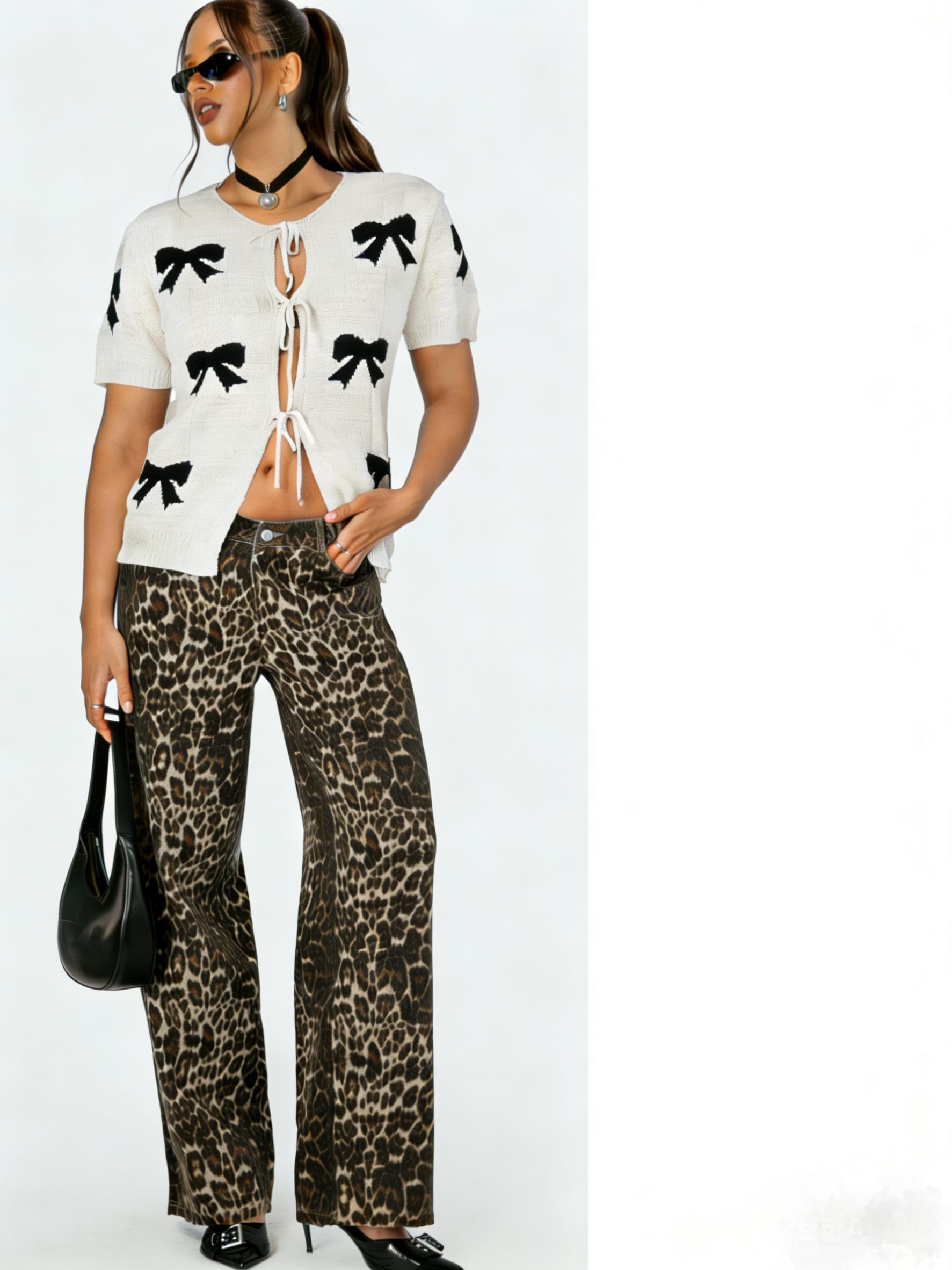 Playful Contrast Beige-black Bow Jacquard Design Tie-front Open Knitwear Cardigan, Casual Soft Neutral Short Sleeve Knits Sweater, 2026 Summer Coastal Vacation Cool Girl Fashion Sexy Tie Top, Coquette Aesthetic Fashion Style, Y2K Retro Vintage Style Playful Contrast Beige-black Bow Jacquard Design Tie-front Open Knitwear Cardigan, Casual Soft Neutral Short Sleeve Knits Sweater, 2026 Summer Coastal Vacation Cool Girl Fashion Sexy Tie Top, Coquette Aesthetic Fashion Style, Y2K Retro Vintage Style