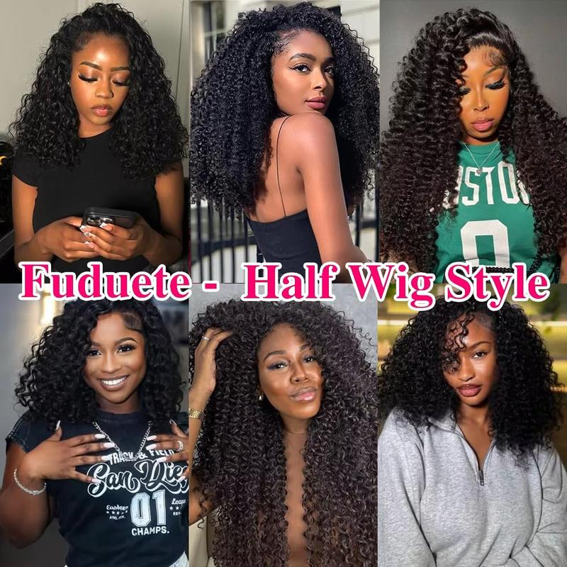 10s Install Wig [3 In 1 Half Wig] Kinky Curly Half Wig Human Hair 180 Density 3 In 1 Drawstring Seamless Flip Half Wigs Wear Go Glueless Wigs Human Hair 18 Inch Curly Half Wig for Women Drawstring Headband Wig Beginner Friendly