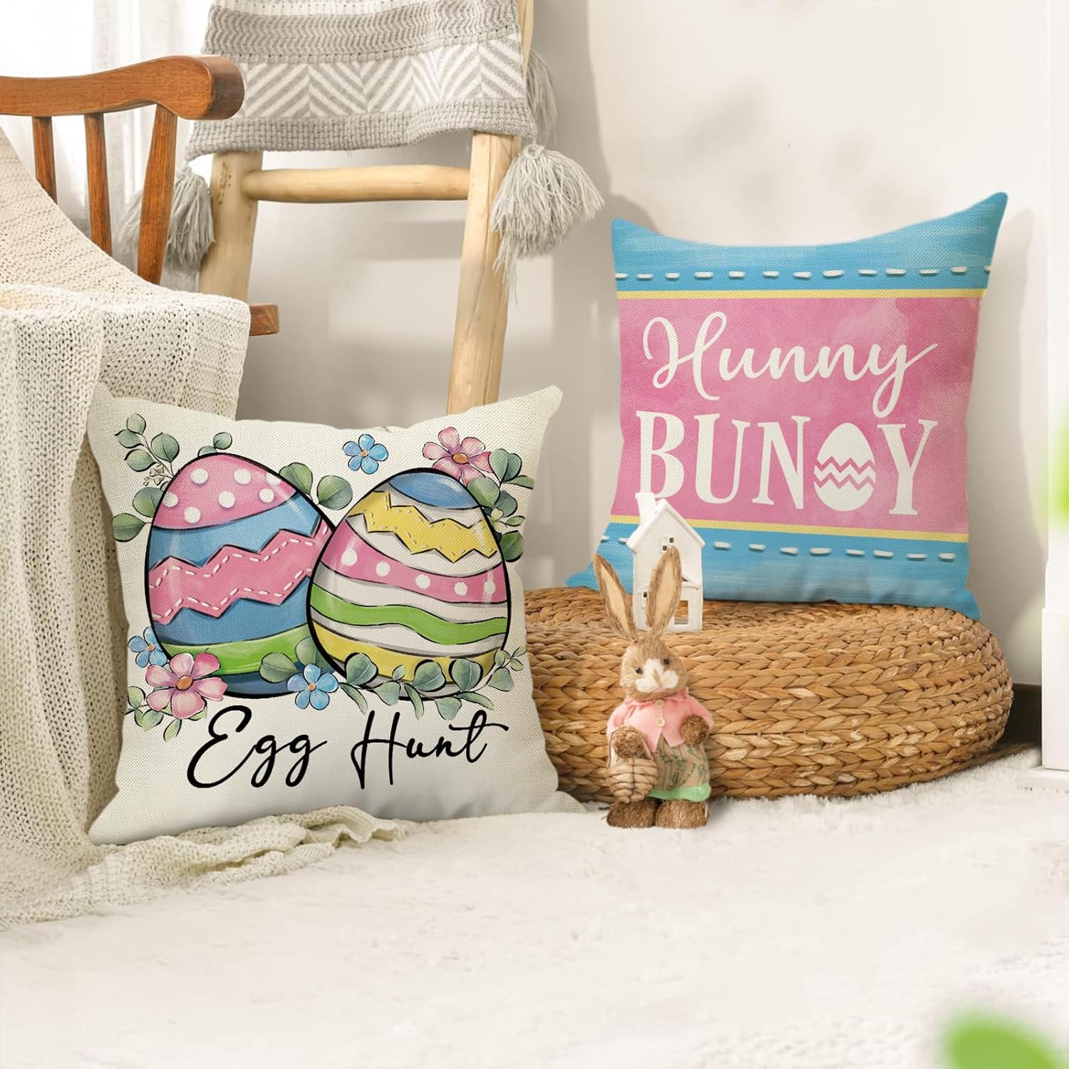 Easter Themed Cushion Cover, 4 Counts/set Rabbit & Egg Pattern Cushion Cover without Filler, Home Decor for Living Room Bedroom, Holiday Themed, Hunny Bunny, Egg Hunt