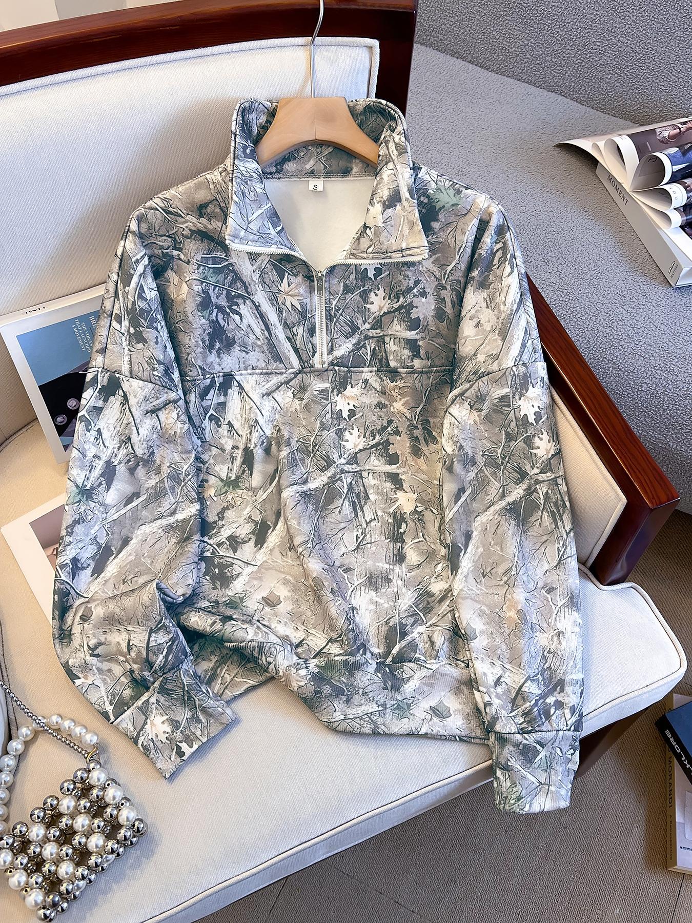 Women's Camo Printed Half-Zip Collared Hoodie, Casual Long Sleeve Loose Fit Top, Outdoor Fashion Fall & Winter Clothing