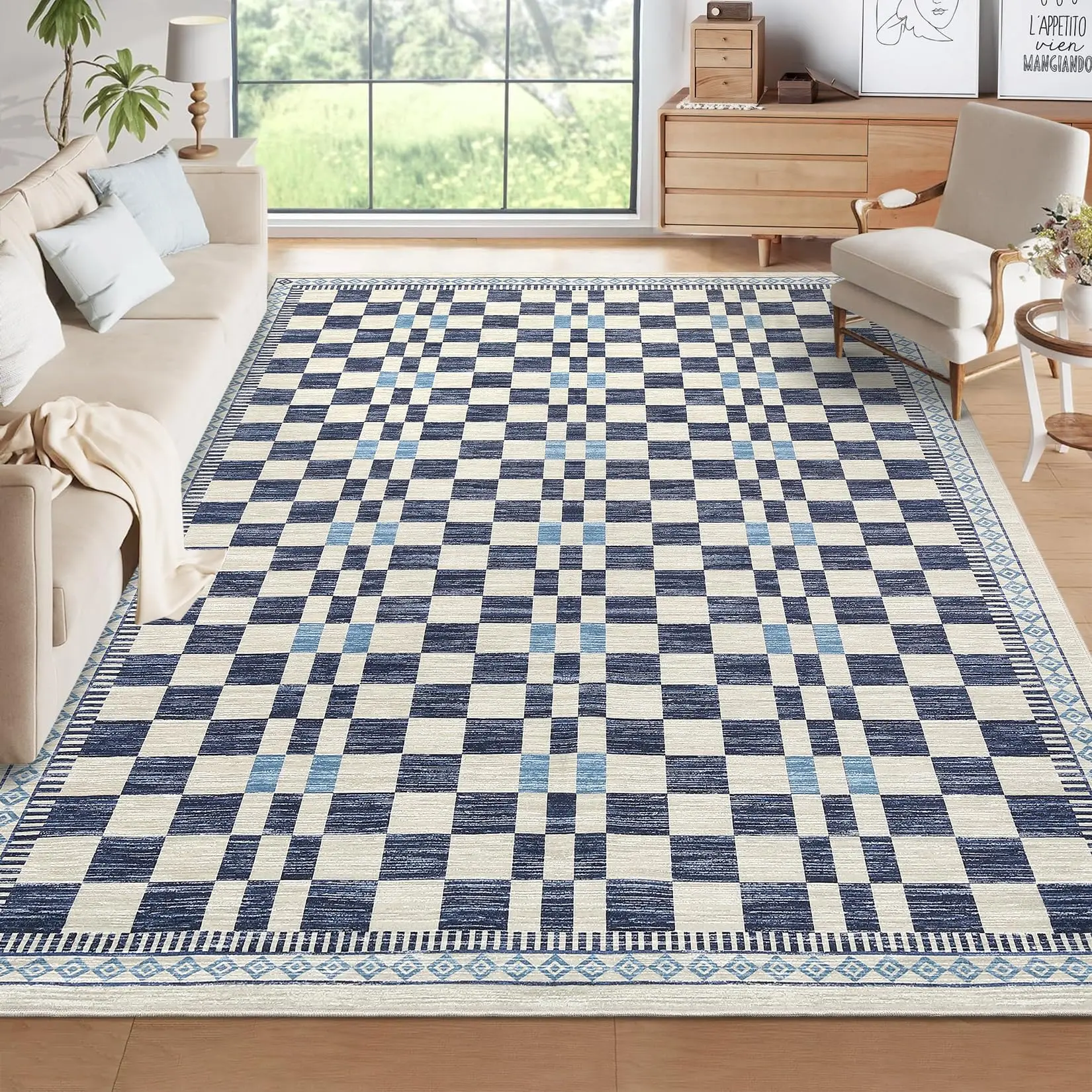 Modern Checkerboard Blue Washable Runner Rug 2 x 6 Foot for Hallway Kitchen Laundry Room Entryway Soft Faux Wool Low Pile Carpet Foldable Non Slip TPR Backing Stain Resistant Easy Care