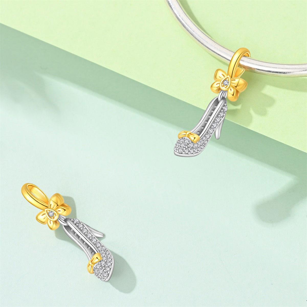 Bow High Heel Dangle Charm, Sparkling Cz Inlaid Shoe Bead, Fits Pandora Bracelet, Perfect Princess Jewelry Gift for Women