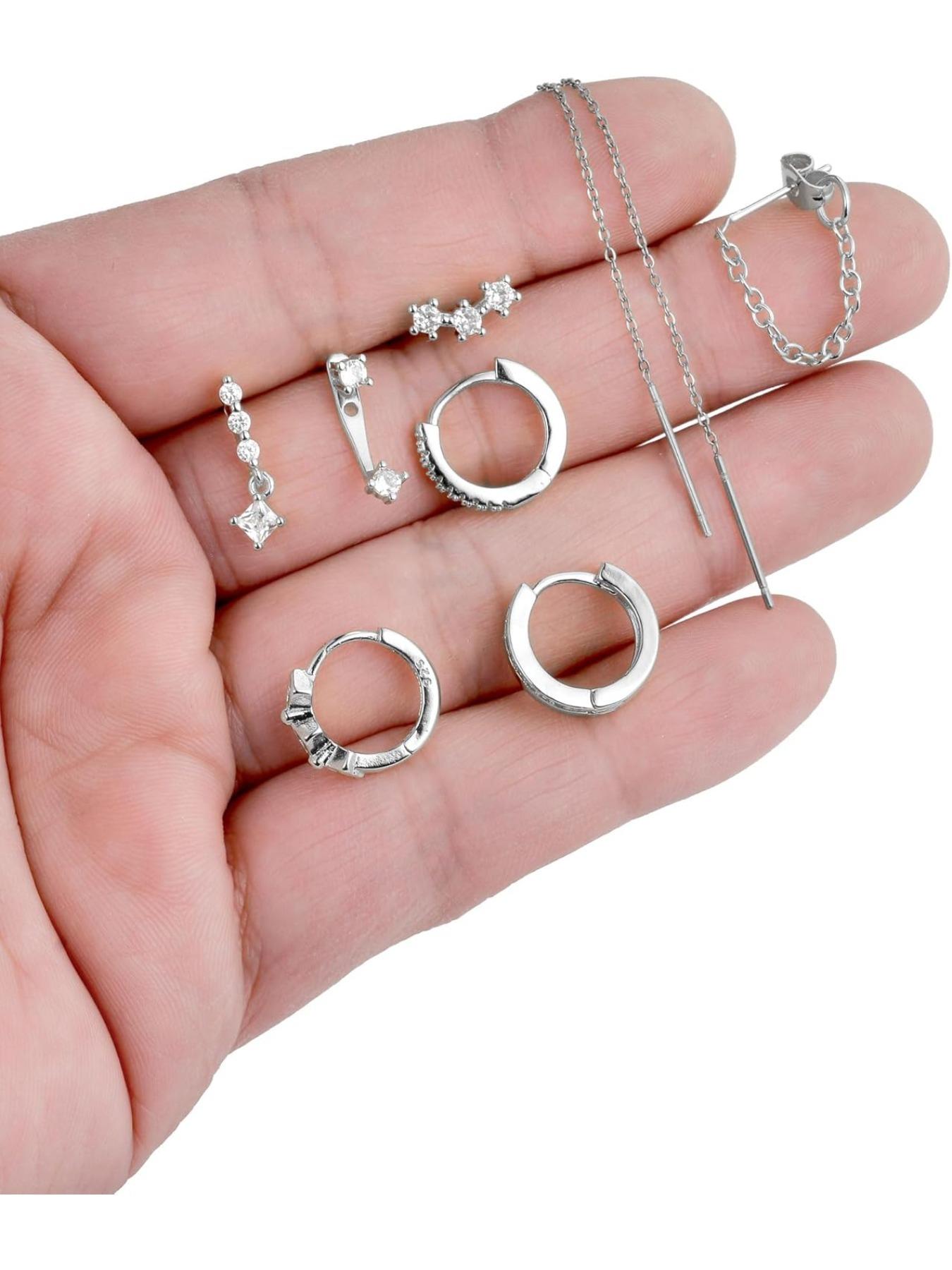 8 Pairs 18K Gold Plated Small Hoop Earring CZ Cartilage Stud Earring for Women Long Chain Drop Dangle Stack Earrings for Multiple Piercings Gold Silver Tone