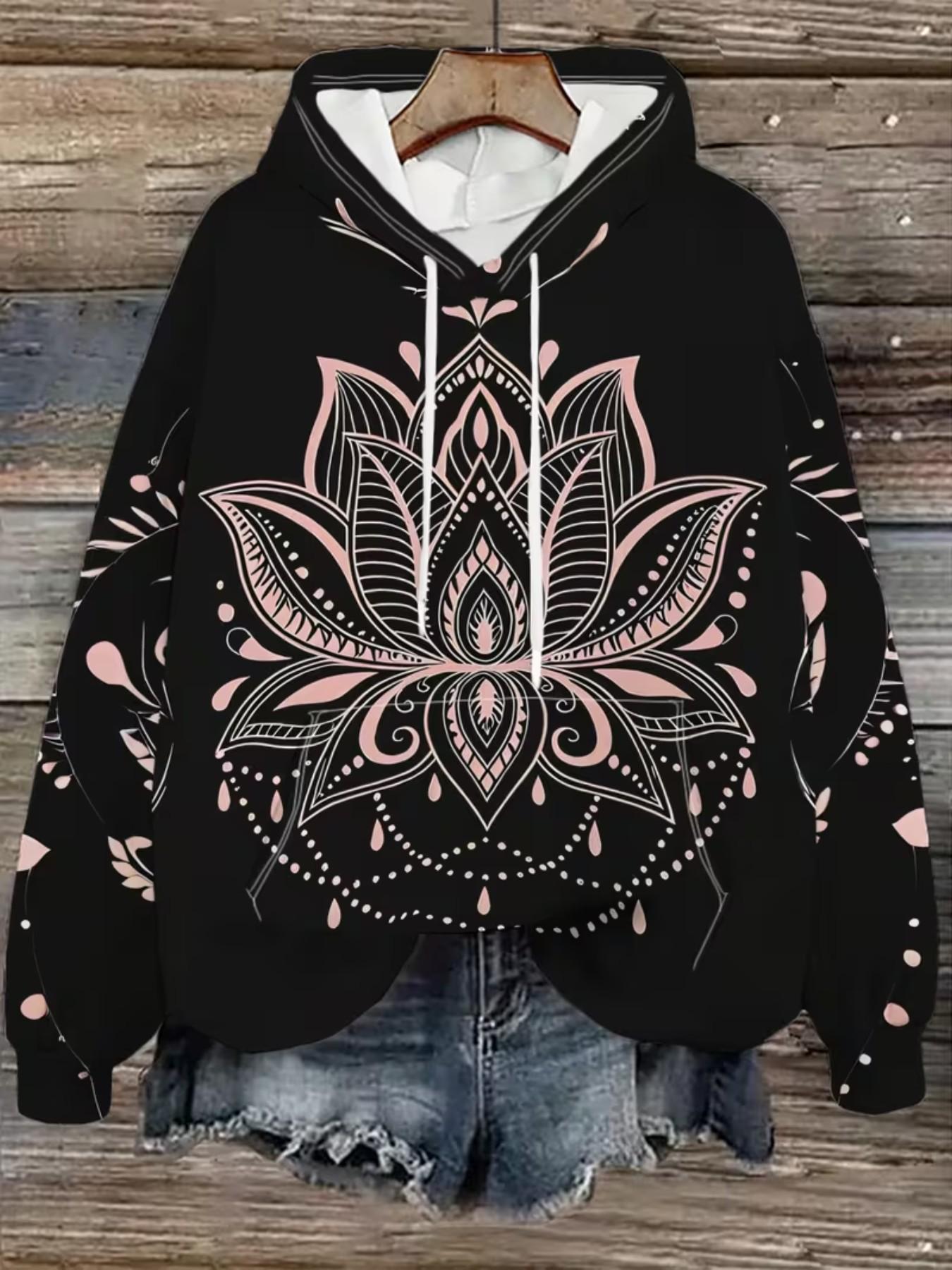 Women's Lotus Mandala Print Hoodie, Boho Bohemian Style Casual Long Sleeve Top, Loose-Fitting All Seasons Apparel