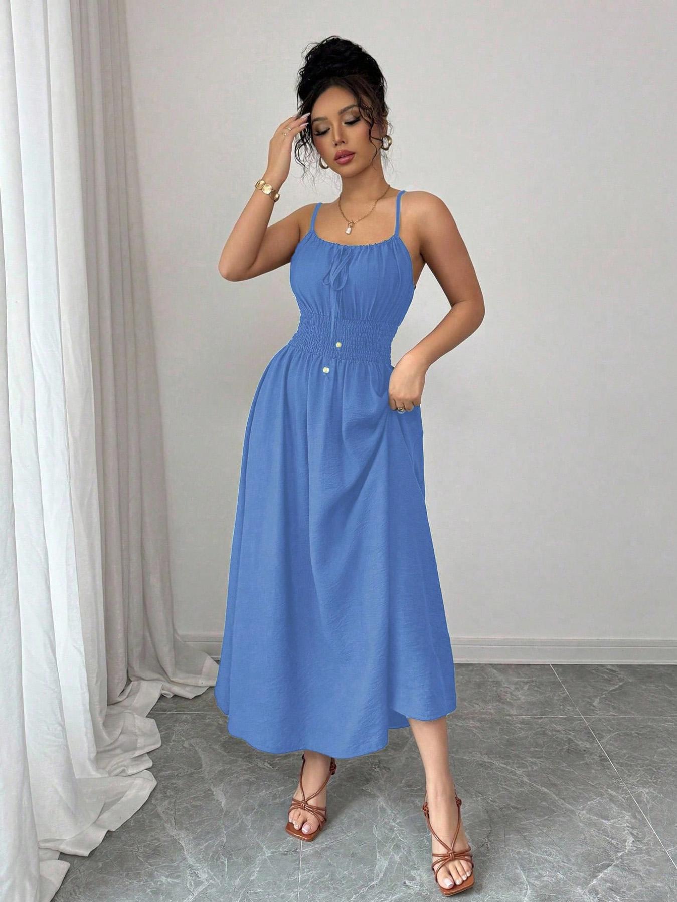 A women's fashionable and high-end French gentle style waist cinching spaghetti strap camisole dress with lace up bead design, suitable for summer, beach wear, dates, dinners, and travel Straps Summer Dress