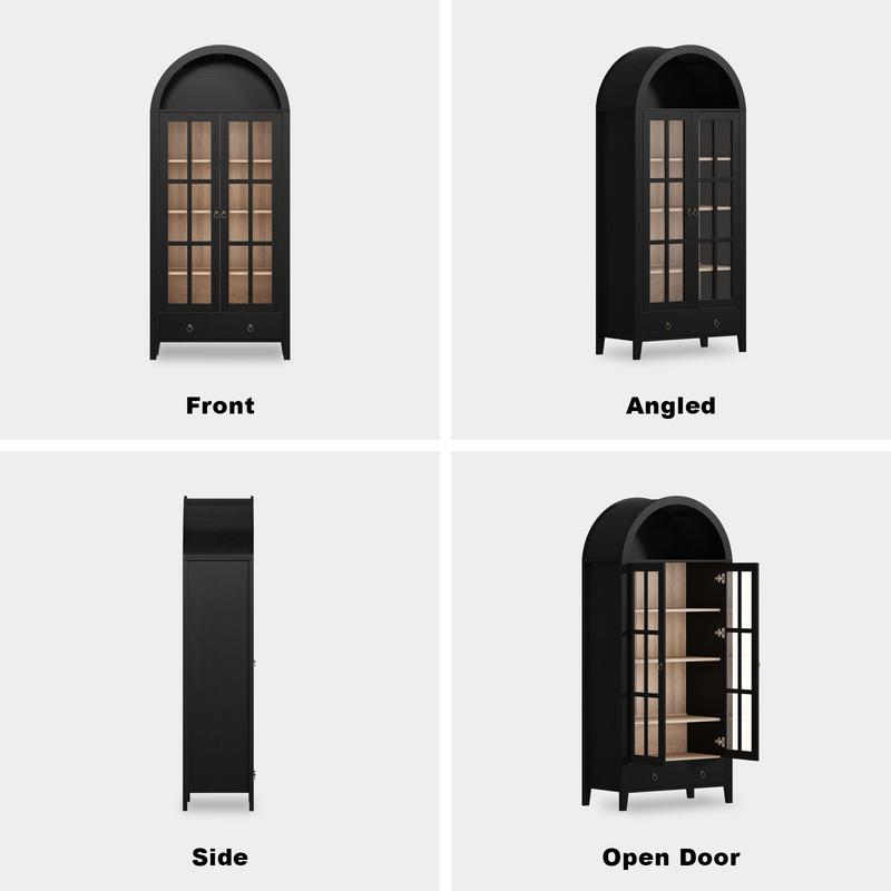 Farmhouse Arched Cabinet with Glass Doors, Wood Display Cabinet with Drawer and Adjustable Shelves, 71” Tall Bookshelf Modern China Storage Kitchen Pantry for Living Room,Office