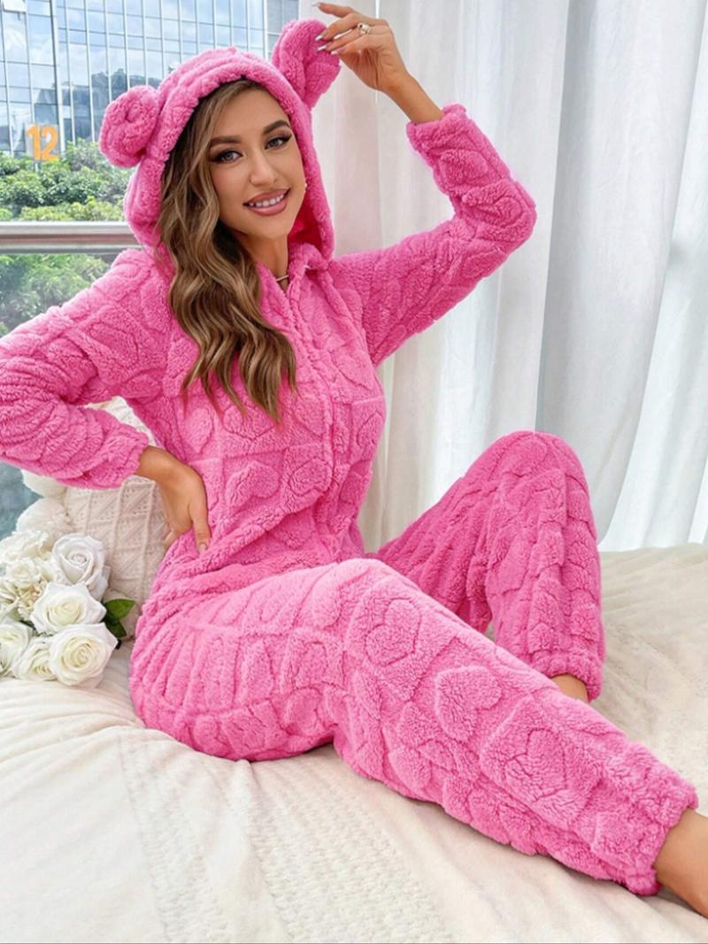 Women's Plush Onesie Pajamas Set, Long Sleeve Hooded Jumpsuit with Ears Design, Autumn Winter Warm Sleepwear for Ladies