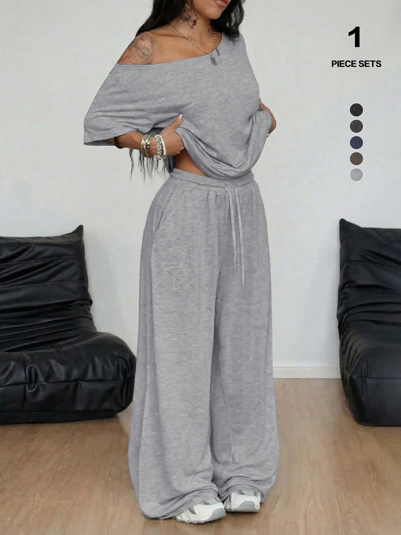 Women's 2-Piece Lounge Set, Off-Shoulder Oversized Top & Wide-Leg Pants, Soft Comfortable Drawstring Loungewear for All Seasons