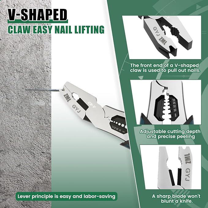 ZML 6-in-1 Multi-Function Wire Stripper Pliers CR-V Steel Diagonal Cutters for Nails Electrical Cables Special Tools with Adjustable Cutting Depth and Sharp Blades - Hardware Wirecutters Wirepliers