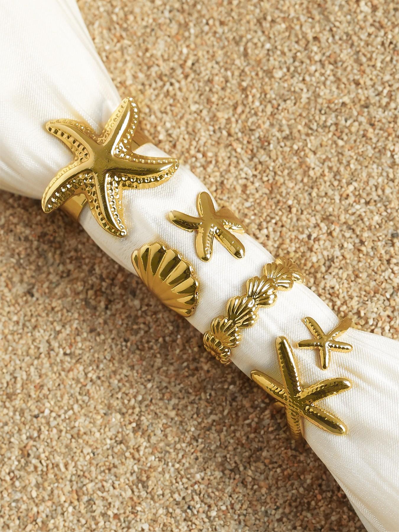 4 Piece Starfish Shell Rings Set, Elegant Sea Inspired Jewelry for Women, Perfect Gift for Beach Lovers