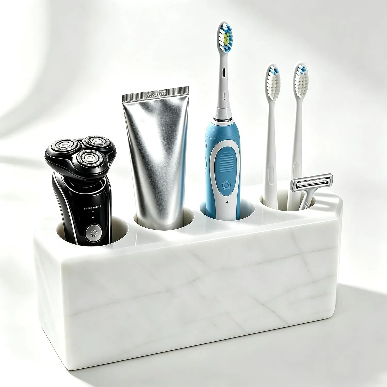 Marble Toothbrush Holder, 4 Slots for Multiple Toothbrushes |   Toothbrush Stand Fits Electric Toothbrush, Toothpaste, Razor & Makeup Brushes, Luxury Stone Storage Toothbrush Organizer