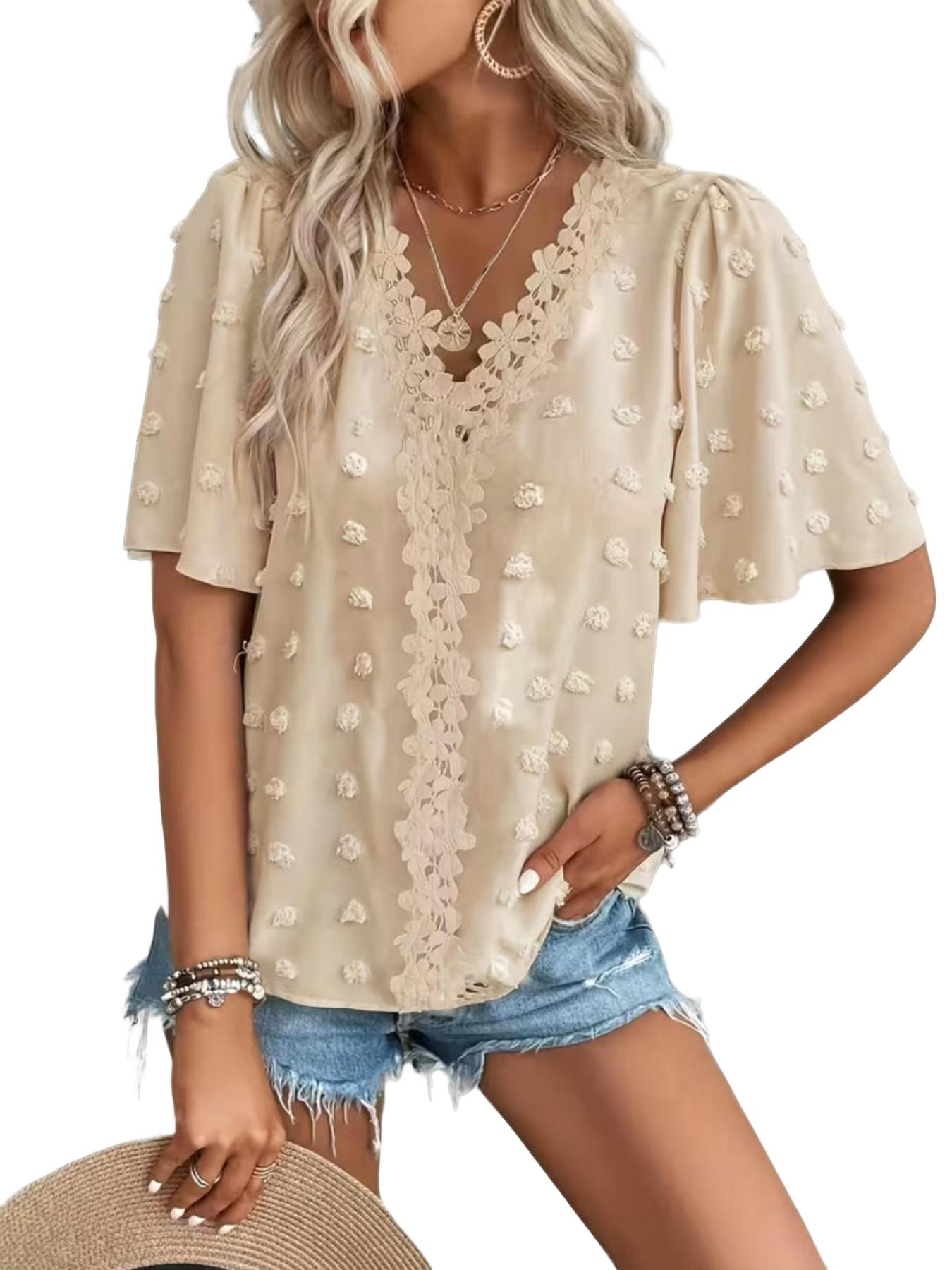 Women's Elegant Swiss Dot Butterfly Sleeve Lace Trim Shirt, Short Sleeve Commuter Top, Loose-Fit Casual Light Summer Blouse for Everyday Wear