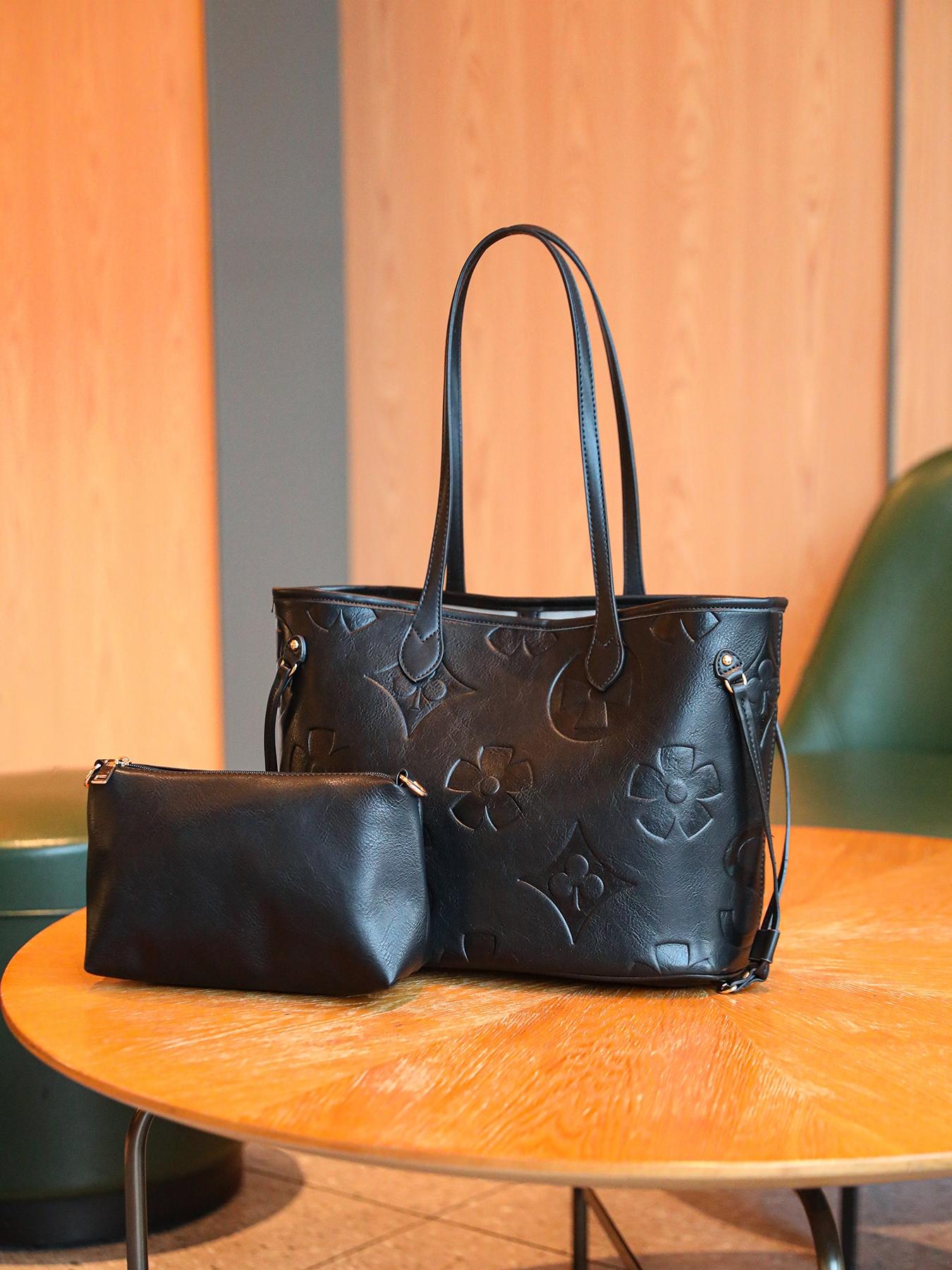 Women's Elegant Floral Embossed Tote Bag & Wristlet, Large Capacity Shoulder Bag, Fashionable Handbag Set for Daily Use