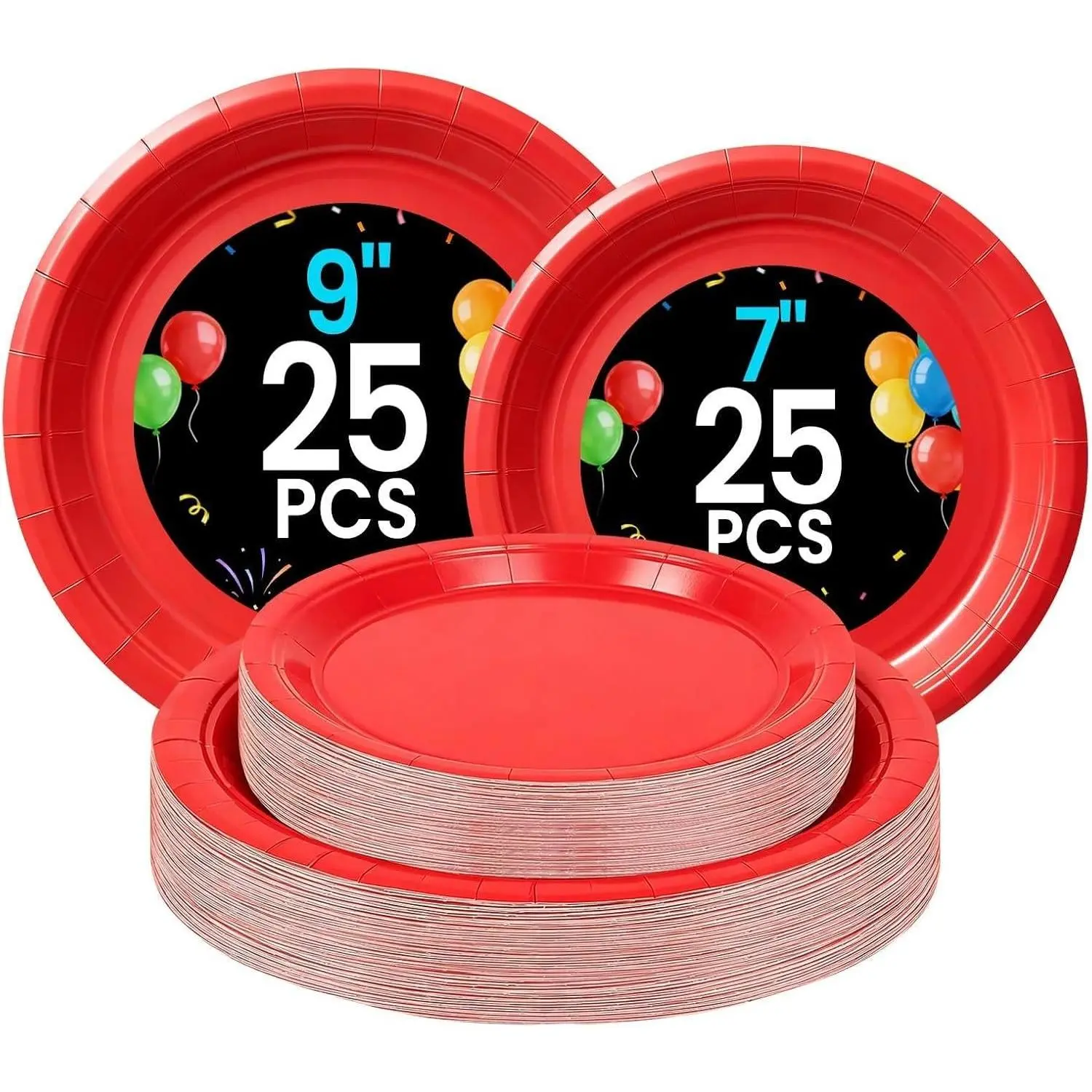 Fun Red Paper Plates - Disposable Party Plates, 25-9" & 25-7" | Dessert Cake Dinner Plates for Birthday, Valentine's, ChristmasGift
