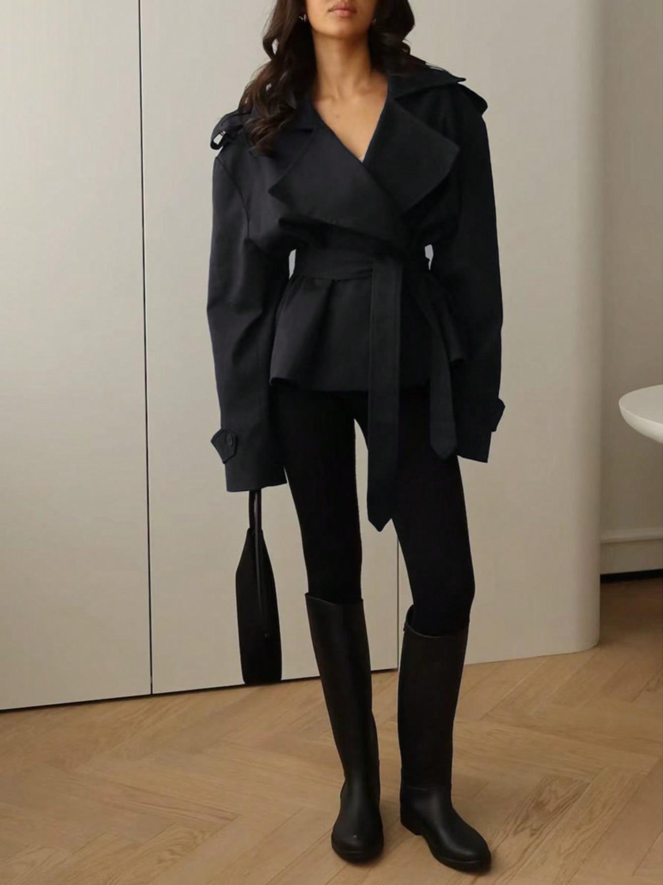 Women's Belted Windproof Jacket, Waterfall Neck Design, Long Sleeve, Non-Elastic Fabric