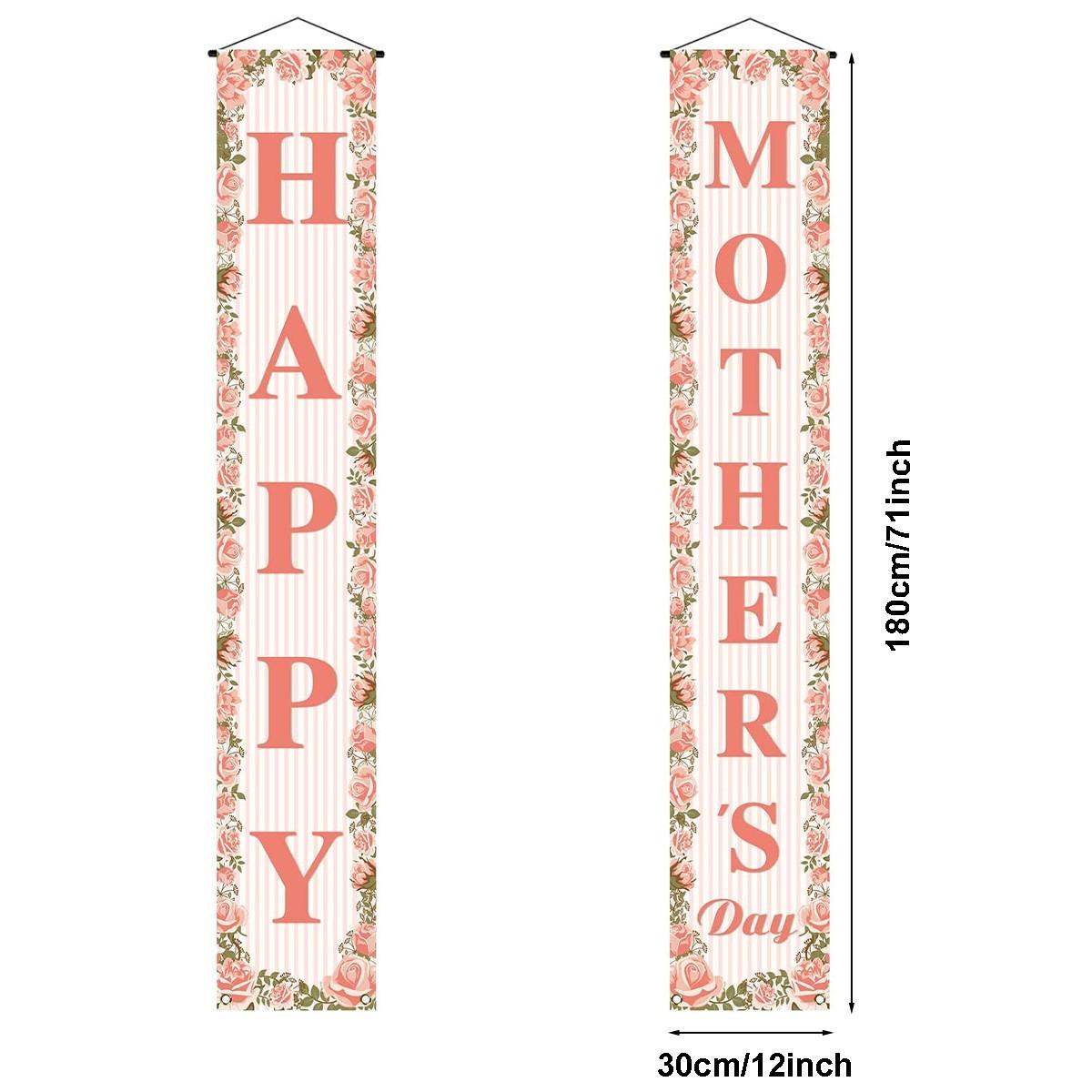 Mother's Day Porch Banner Rose Striped Outdoor Door Hanging Decoration Waterproof Durable 180x30cm, Perfect Gift for Moms