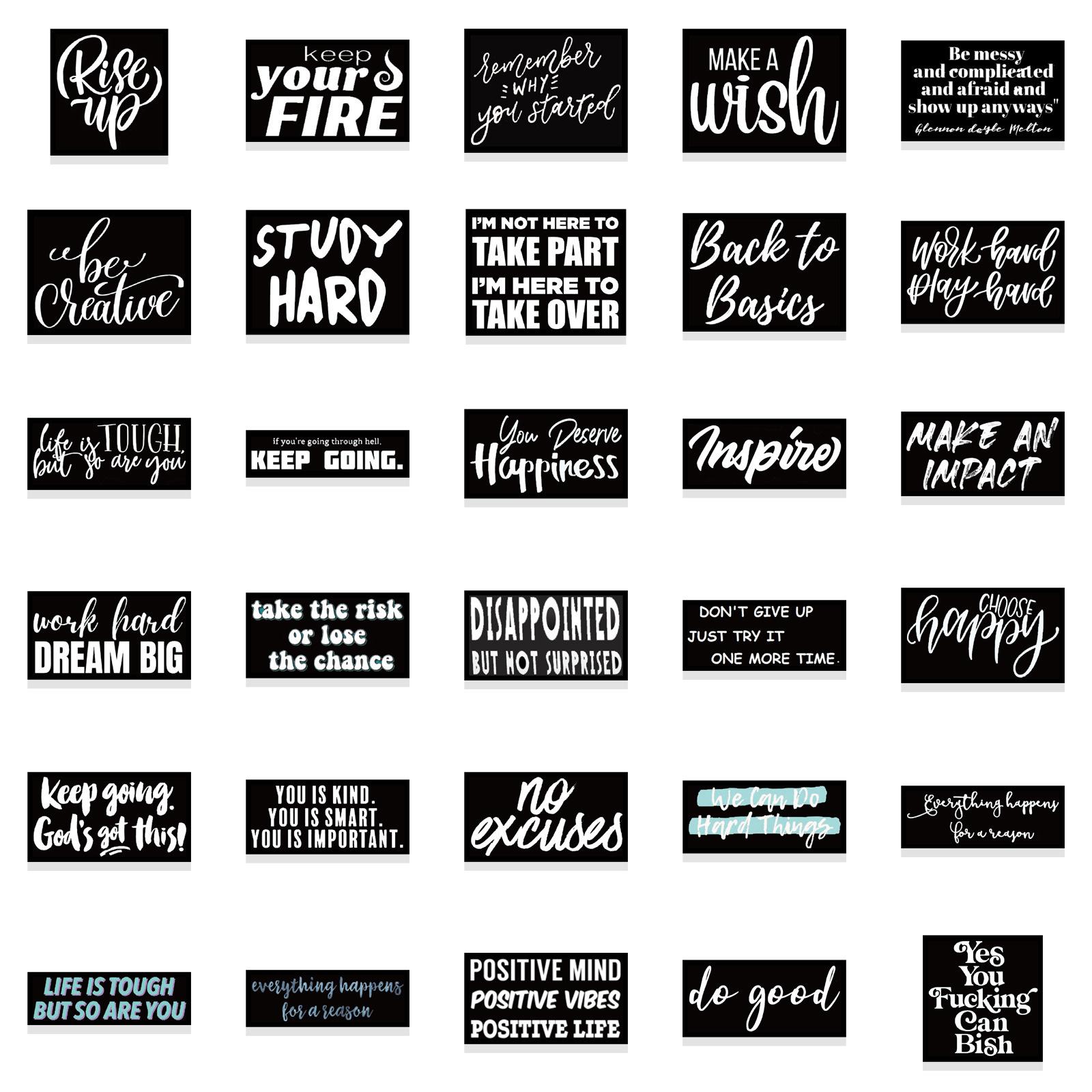 61 Pieces Black Background Inspirational English Graffiti Stickers, Waterproof DIY Decals for Luggage, Notebook Decoration