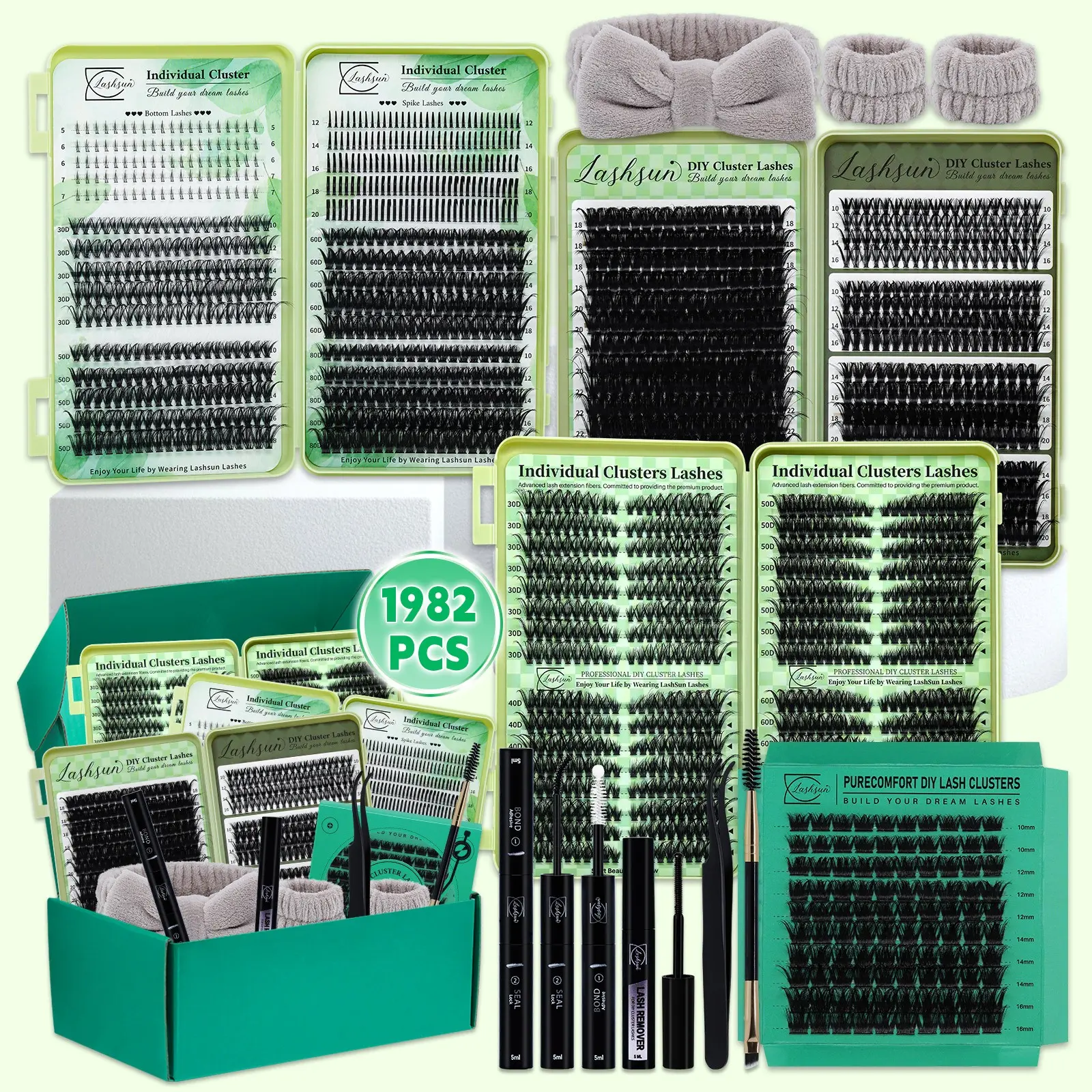 1982 Pcs Eyelash Cluster Kit, D Curl Mixed 5-24mm 13 Styles Bottom/Spike/Wispy/Cat/Volume Lashes, Kit with Bond&Seal Remover Tweezers Brush Headband&Wristband, DIY at Home Easily, for Makeup Daily