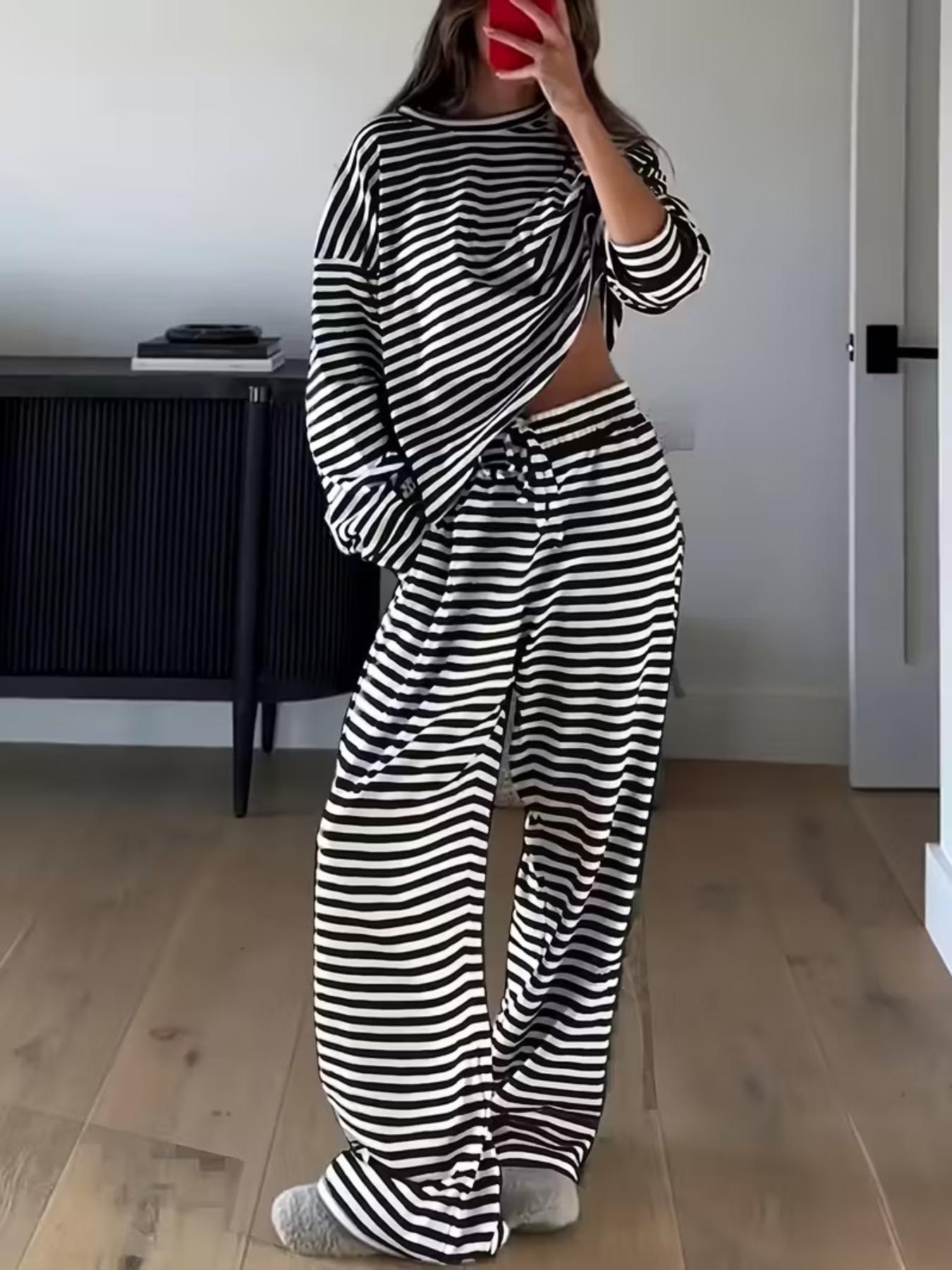 Women's Fashion Striped Casual Workout Loungewear Sportswear Set, Spring & Fall Long Pants and T-Shirt Two-Piece, Stylish Stripe Design