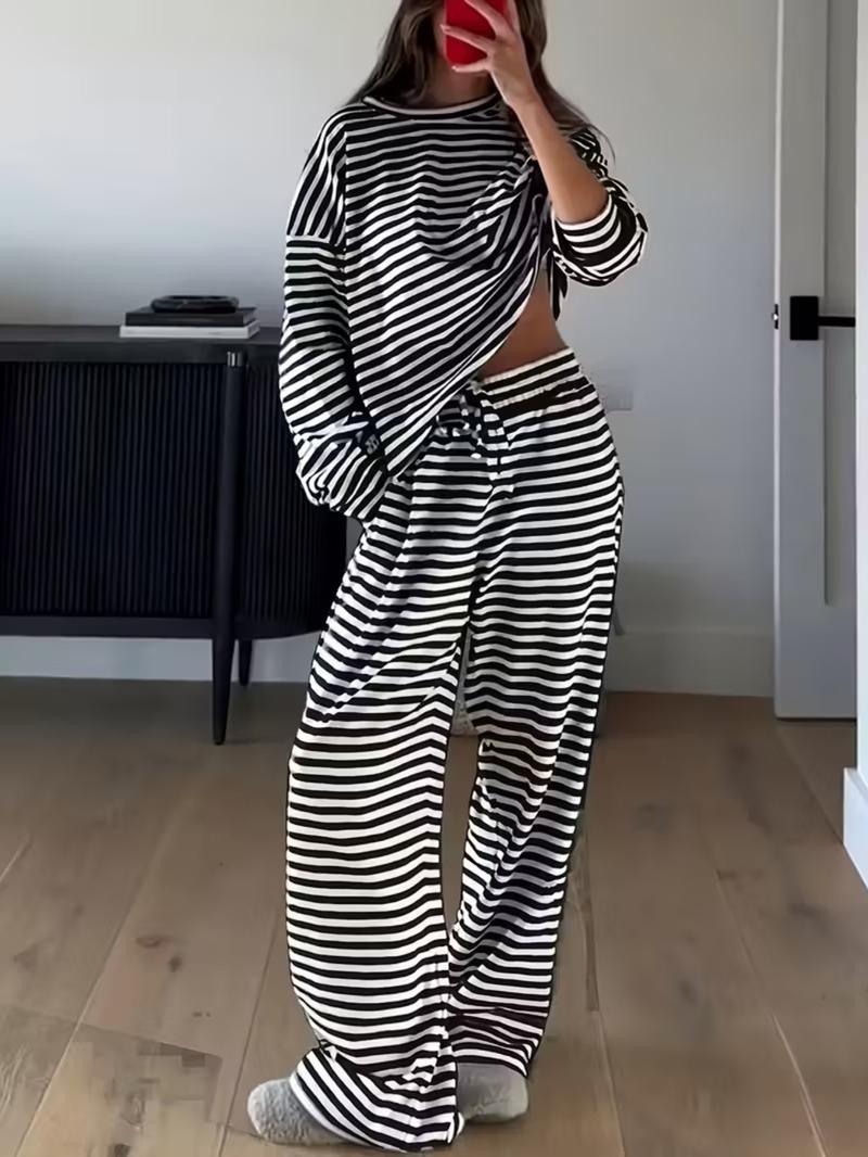 Women's Fashion Striped Casual Sportswear Set, Sweatsuit Set Outfit, Spring & Fall Long Pants and T-Shirt Two-Piece, Stylish Stripe Design