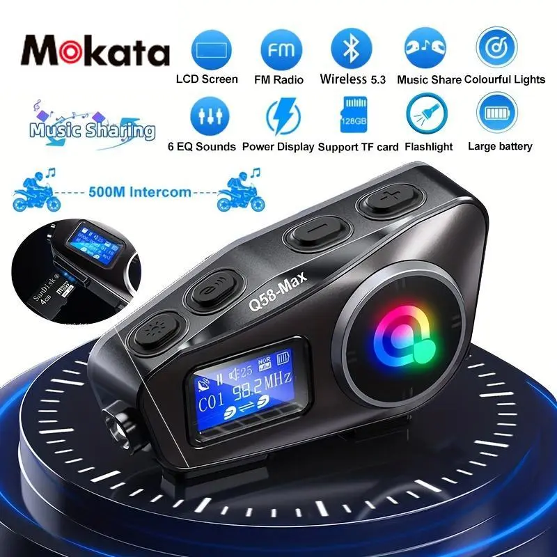 MOKATA Q58MAX motorcycle helmet headset, wireless motorcycle intercom, LCD screen, FM radio & music sharing, supports 2 riders, intercom range 500 meters