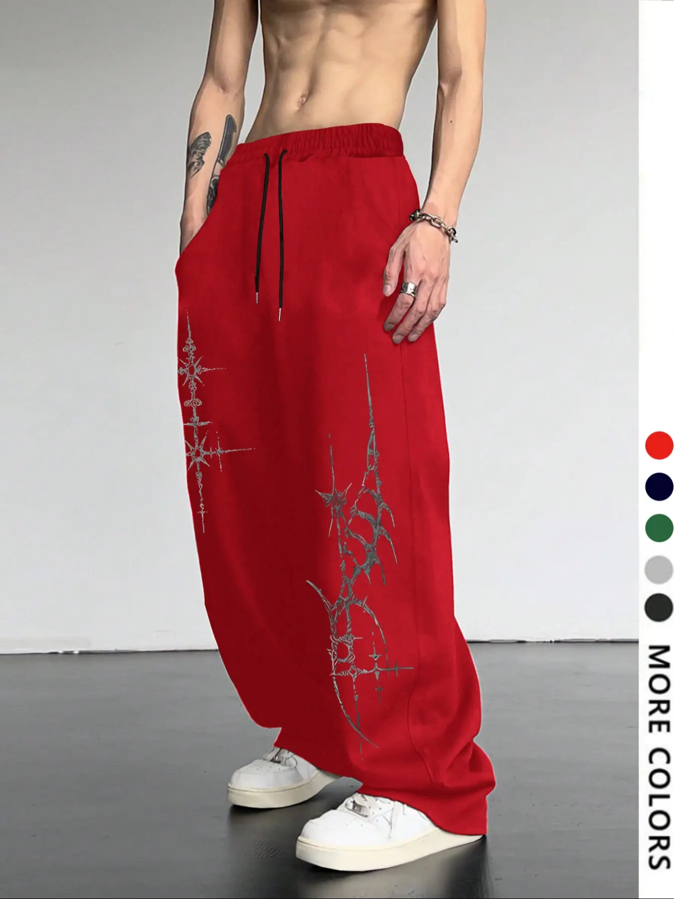 Men's Casual Sporty Long Pants, Cross Pattern Print Sweatpants, Drawstring Wide Leg Loose Fit, All Season Men's Clothing