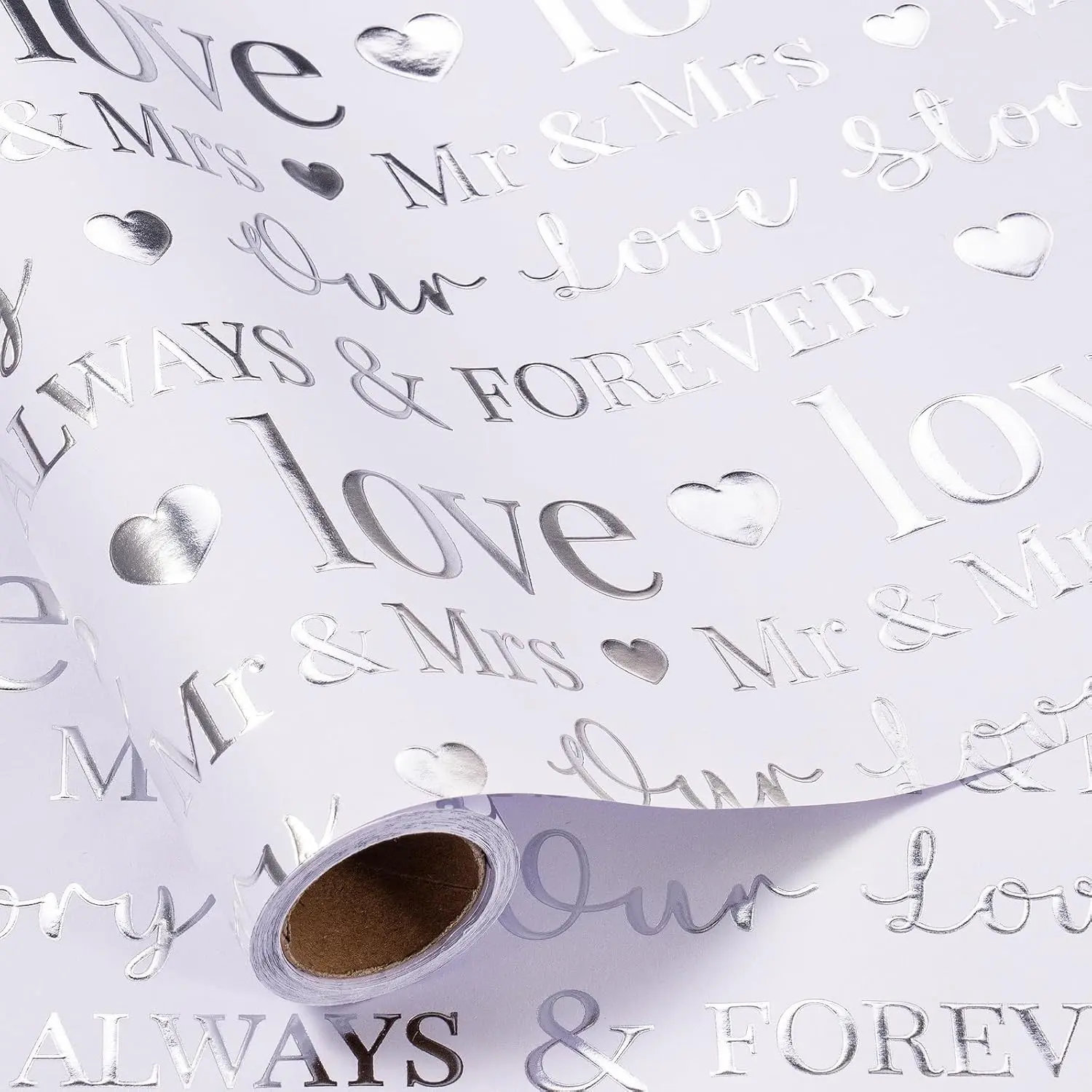 Wedding Wrapping Paper, Mini Roll, Silvery Gold Foil LOVE Design, Perfect for Wedding, Bridal Shower, Anniversary, Engagement, 17 Inches x 16.5 Feet