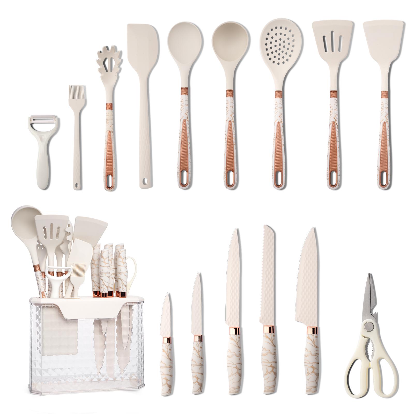 16 Piece Kitchen Knife Set, Silicone Kitchen Utensils Set, Clear Storage Rack, Can Cut Meat and Vegetables, Can Cook Noodles, Can Make Soup, Can Stir-Fry, Gift Set