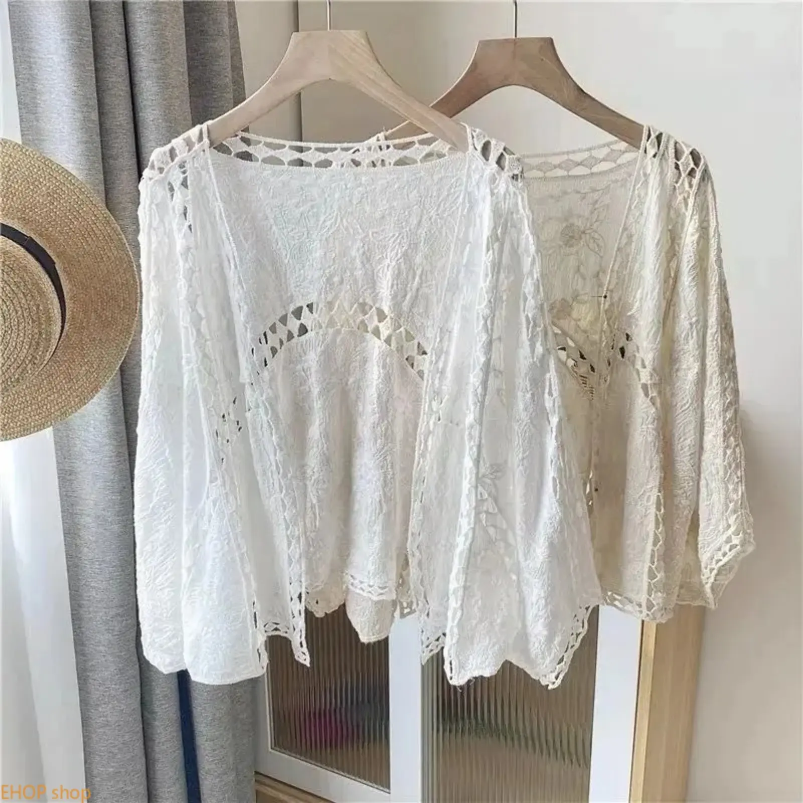 Women's Boho Lace Crochet Cardigan, 3/4 Cropped Sleeves, Open Front, Cool-Touch Fabric, Summer European American Beach Sun Protection Cover-Up Outerwear twist round hoop earring selection jewelry dainty punk style accessory key occasion