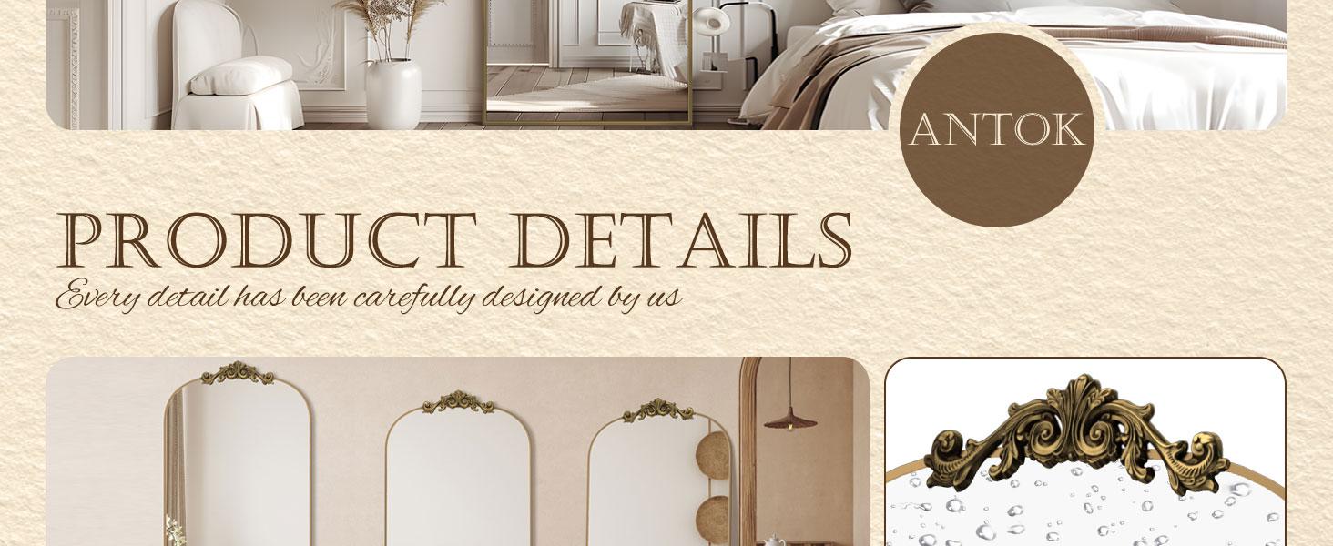 Arched Full Length Mirror, Floor Mirror Freestanding with Carved Metal Frame & Bottom Art Carved, Hanging Mounted Mirror for Living Room, Full Body Mirror for HomeDecor, Standing/Halling Large Wall Mirror for Bedroom