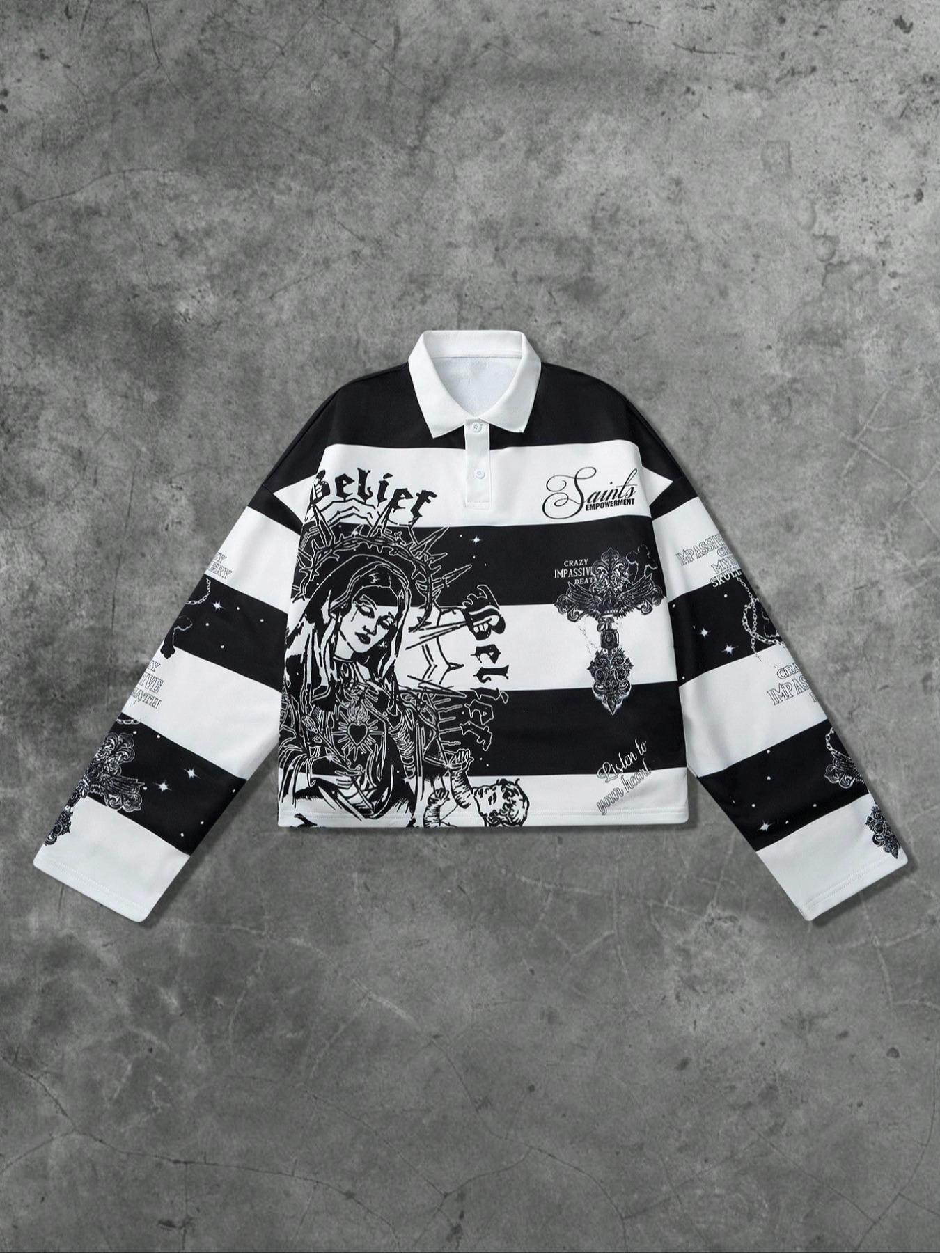 Unisex Y2K Style Virgin Mary & Saints Cross Print Striped Hoodie, Casual Streetwear, Couple, Trendy Pullover, Men's Gift