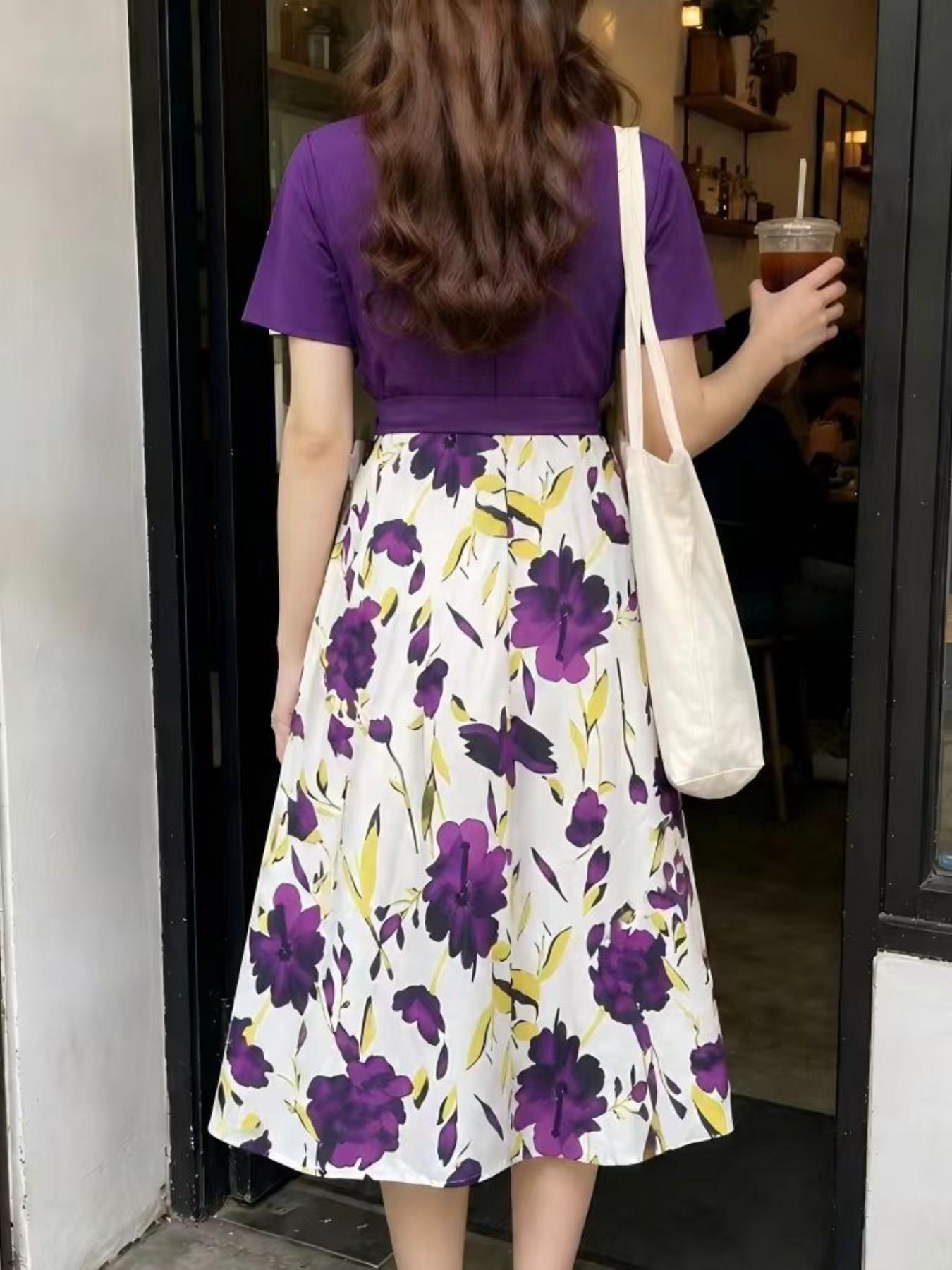Women's Summer Short Sleeve Dress, Elegant Floral Print Long Skirt, Versatile Two-Piece Design, Soft & Chic Style, Perfect for Daily Wear  Slim Fit Waist Dress Ladies Casual Outfit