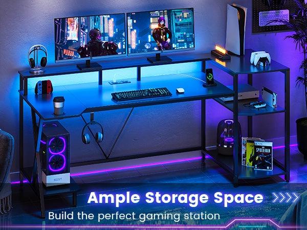 Sikaic 55 Inches Large PC Gaming Desk with LED Lights and Storage Shelves Monitor Stand Power Outlets Cup Holder Black Modern FathersDayGift Console Game