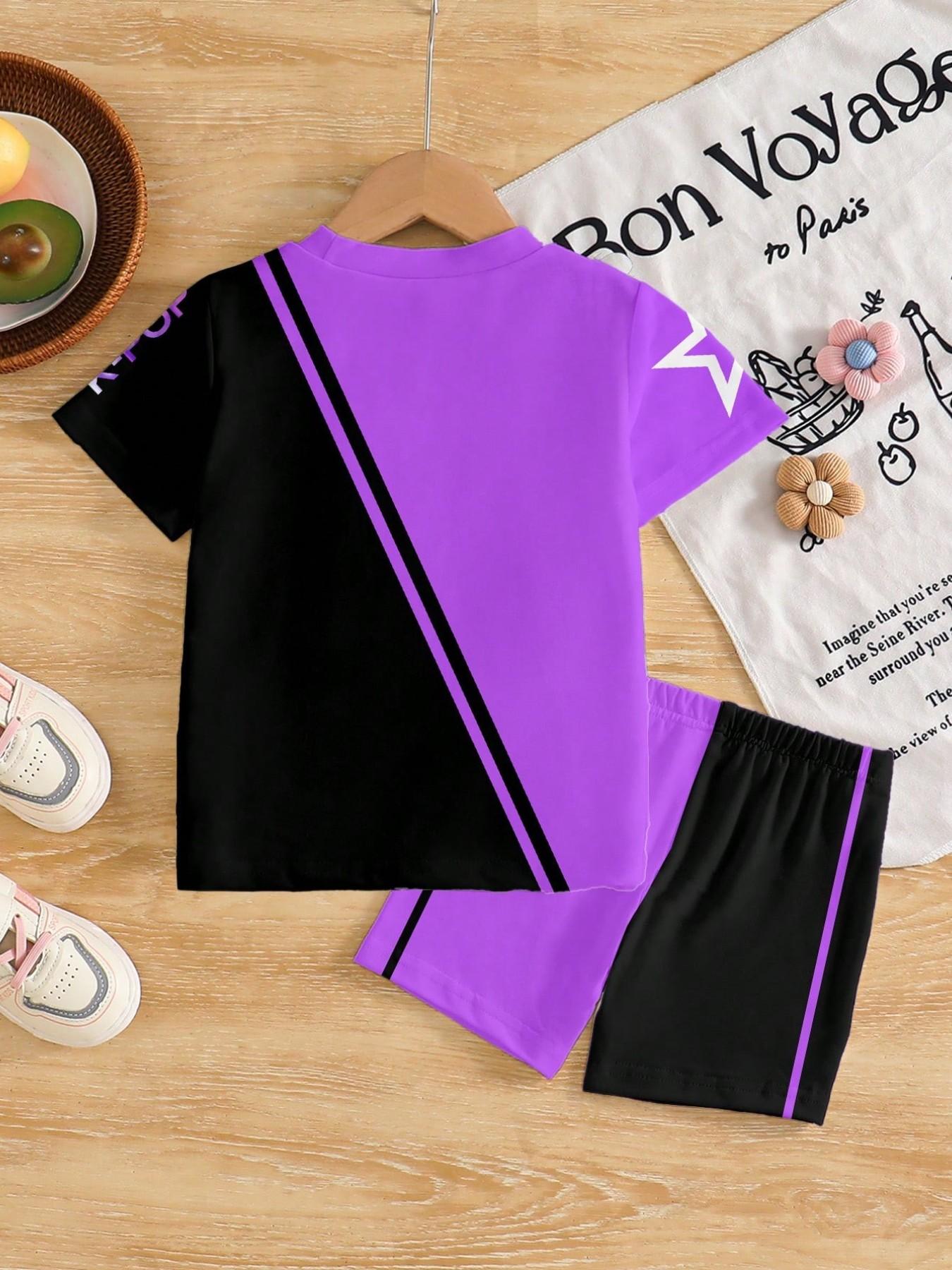K-Pop New Star Theme Girl Two-Piece Set, Gradient Short Sleeve T-Shirt & High-Waisted Tight Fit Shorts, Casual All Seasons