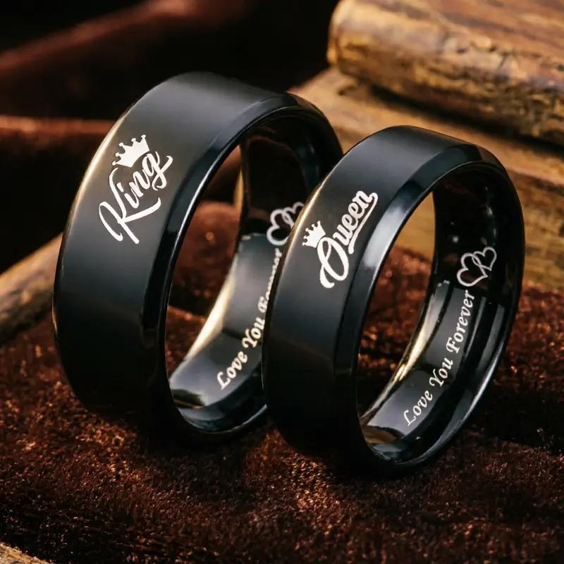 Unisex King-Queen Matching Sets, Black Titanium Engraved Text Rings, Durable Elegant Custom Jewelry Gift for Wedding Anniversary Lovers