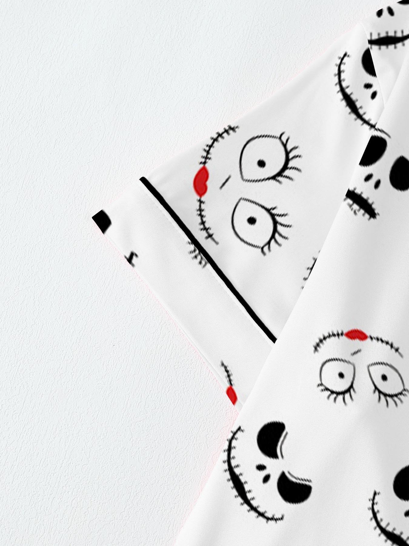 Creepy Cute Skeleton Halloween Pattern Short Sleeve Pajama Set, Spooky Stitched Face Graphic Sleepwear with Black Piping, Goth Style Summer Loungewear Set, Fun 2-Piece PJs