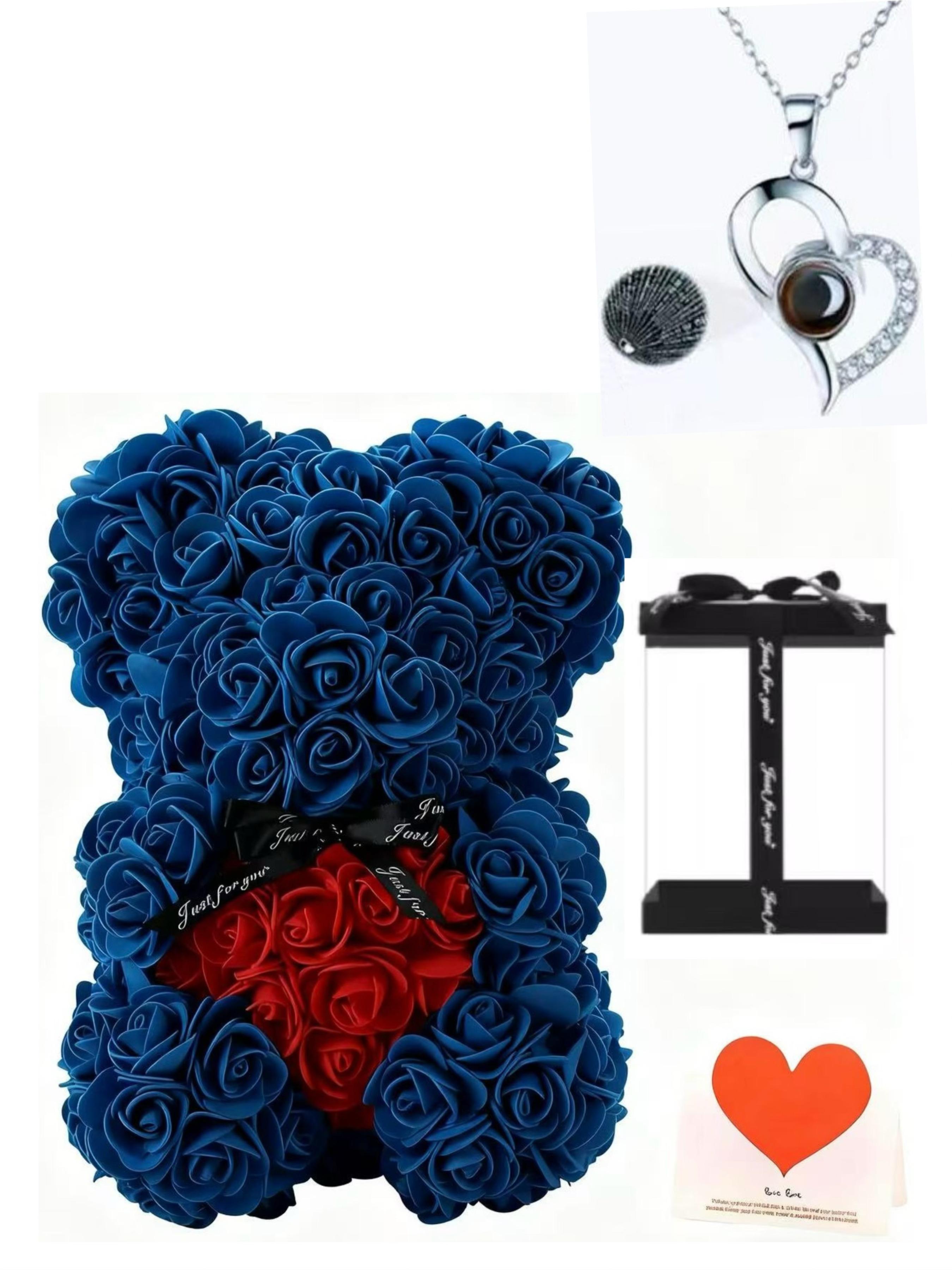 100 Languages Projection Necklace, Rose Flower Bear Birthday Gift Box, Blessing Message Card, Perfect Present for Special Occasions