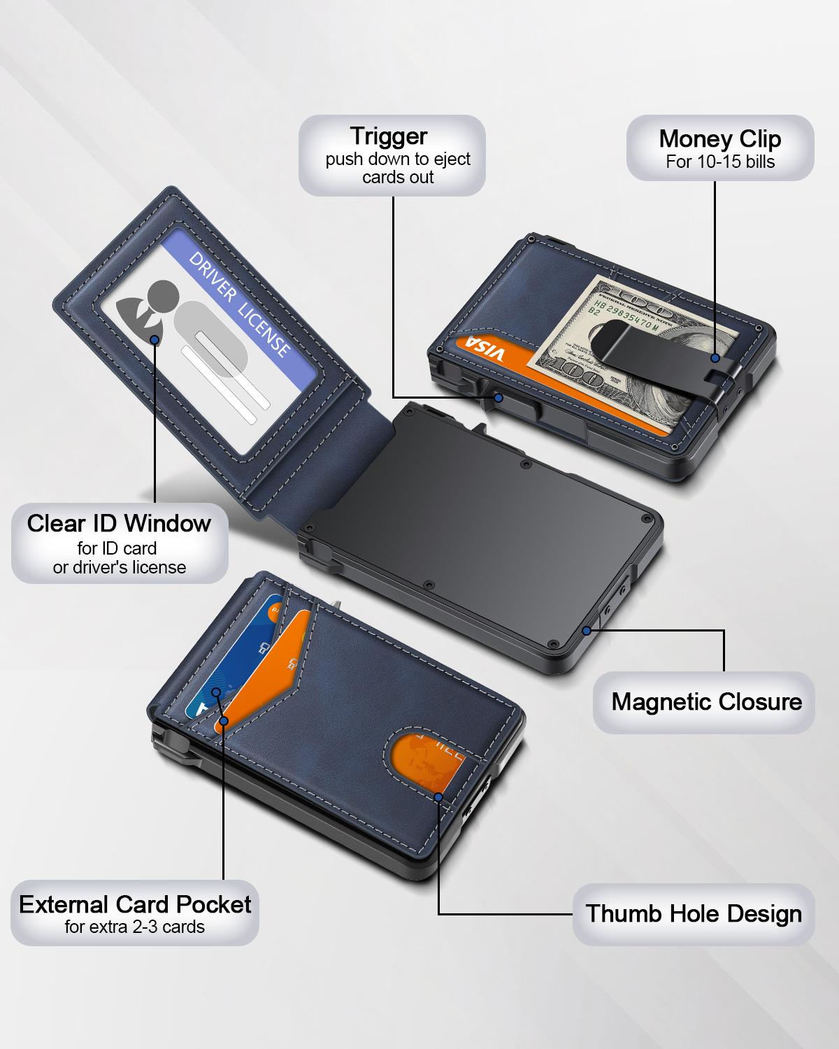 Men's Slim Minimalist Wallet with Money Clip - Holds 9-13 Cards, RFID Blocking Pop-Up Card Holder & ID Window, Aluminum Metal Bifold Wallet