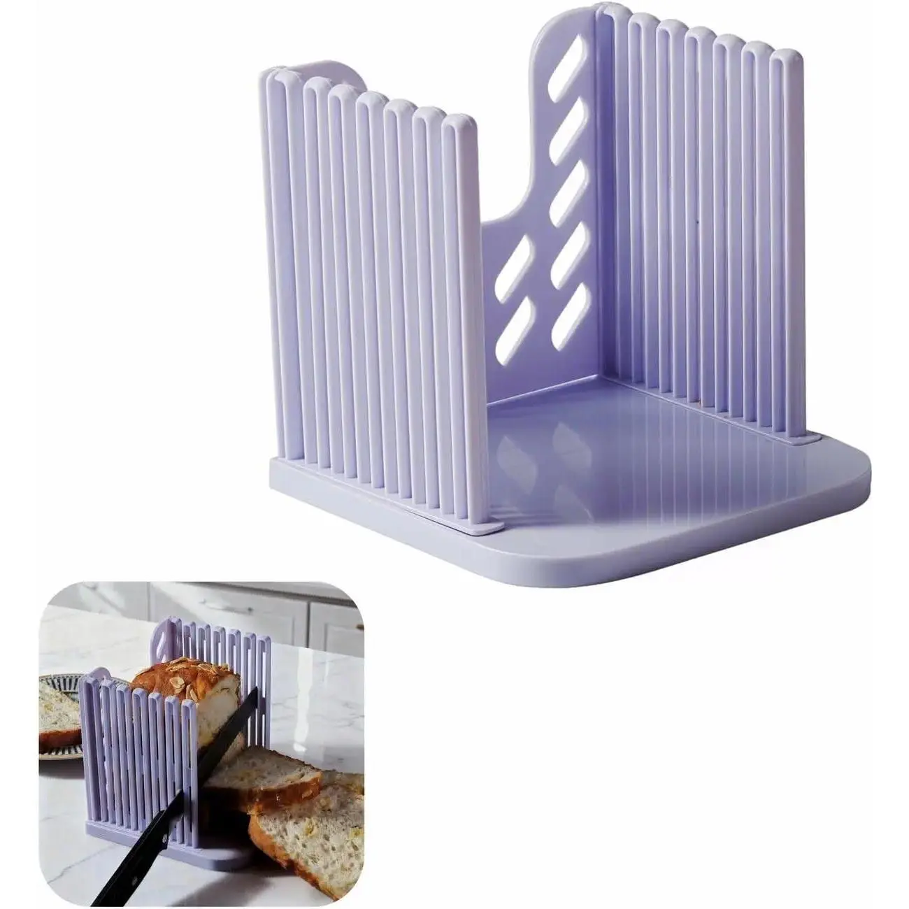 Food-Grade ABS Bread Slicer Guide - 4 Thickness Settings, Smooth, Foldable, Safe Finger Guides, Crumb Tray, Uniform Cuts, Meal Prep Kitchen Supplies, Stores Flat in Drawers, Multitask Tool for Homemade Bread, Cheese