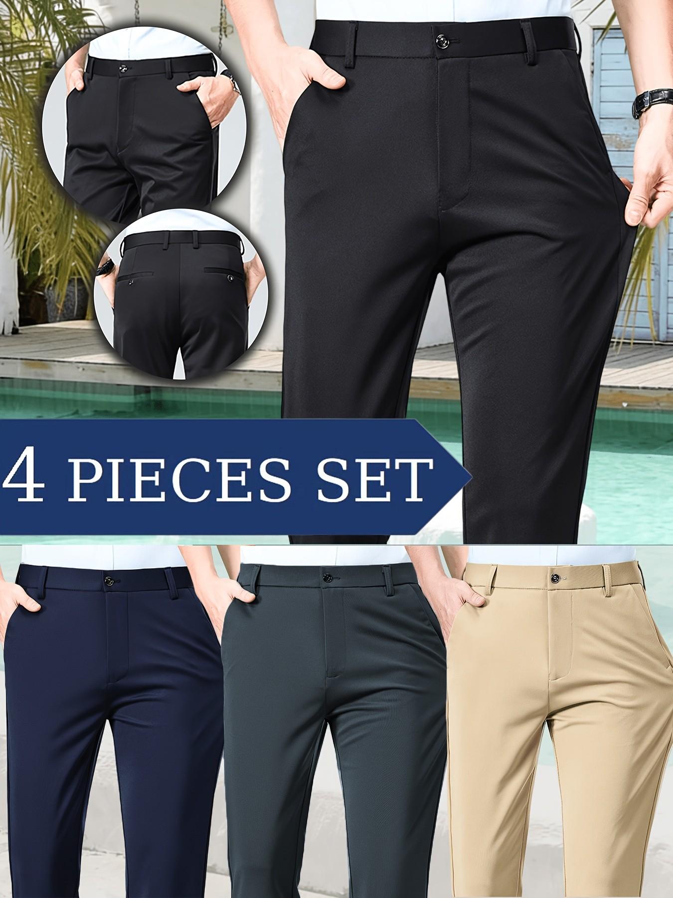 4-Pack Men's Business Casual Pants, High Elasticity Stretch Comfortable Fabric, Wrinkle-Resistant Easy Care, Slim Fit Straight Leg, All Seasons